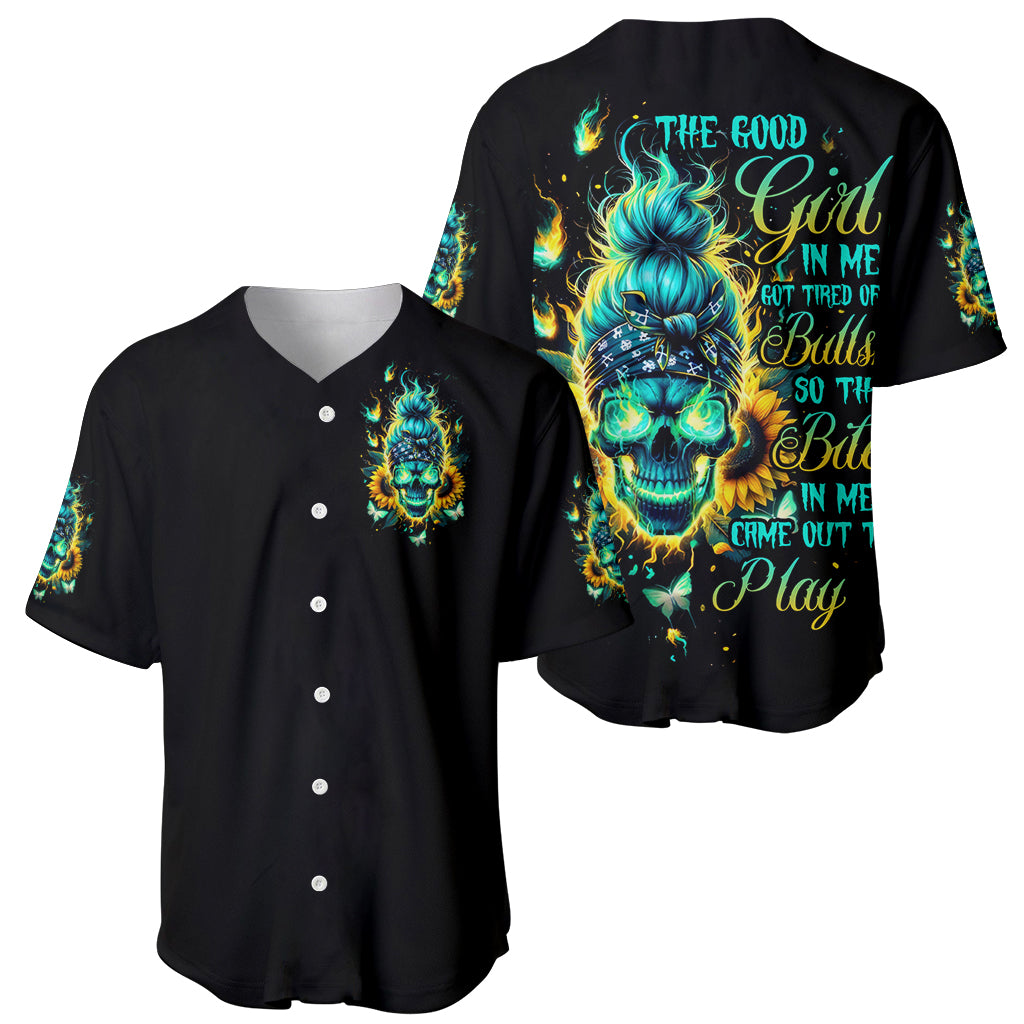 Flame Skull Baseball Jersey The Good Girl In Me Got Tired Of The Bullshit - Wonder Print Shop