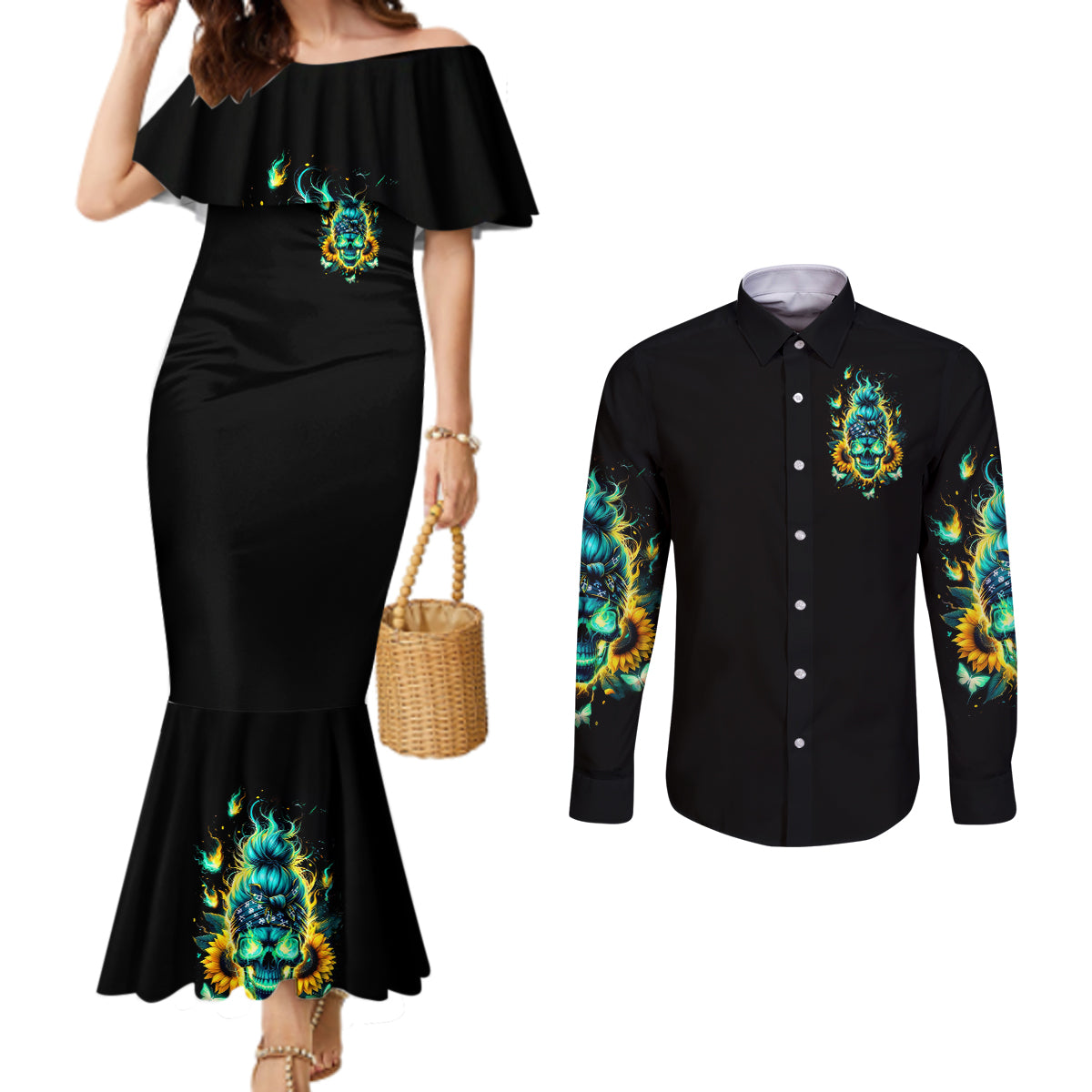 Flame Skull Couples Matching Mermaid Dress and Long Sleeve Button Shirt The Good Girl In Me Got Tired Of The Bullshit