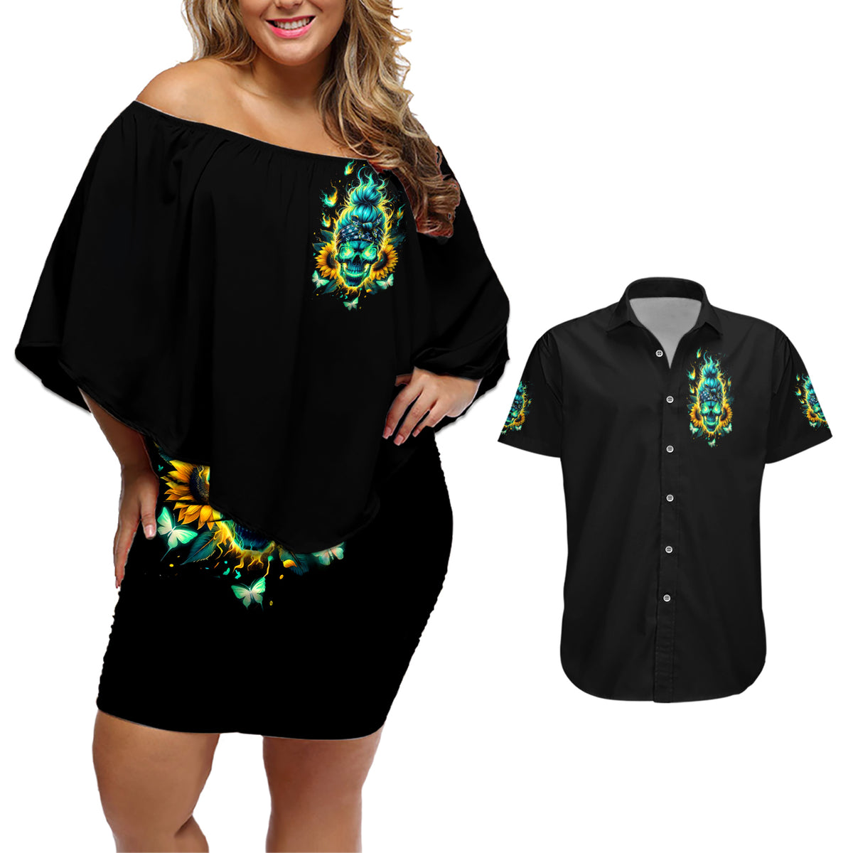 Flame Skull Couples Matching Off Shoulder Short Dress and Hawaiian Shirt The Good Girl In Me Got Tired Of The Bullshit - Wonder Print Shop