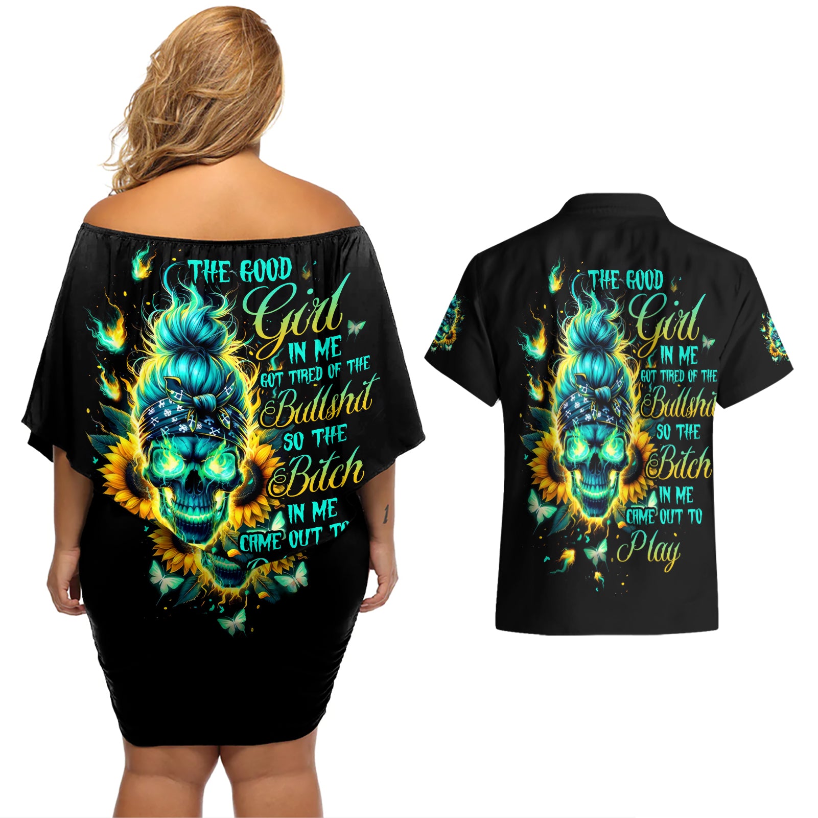 Flame Skull Couples Matching Off Shoulder Short Dress and Hawaiian Shirt The Good Girl In Me Got Tired Of The Bullshit - Wonder Print Shop
