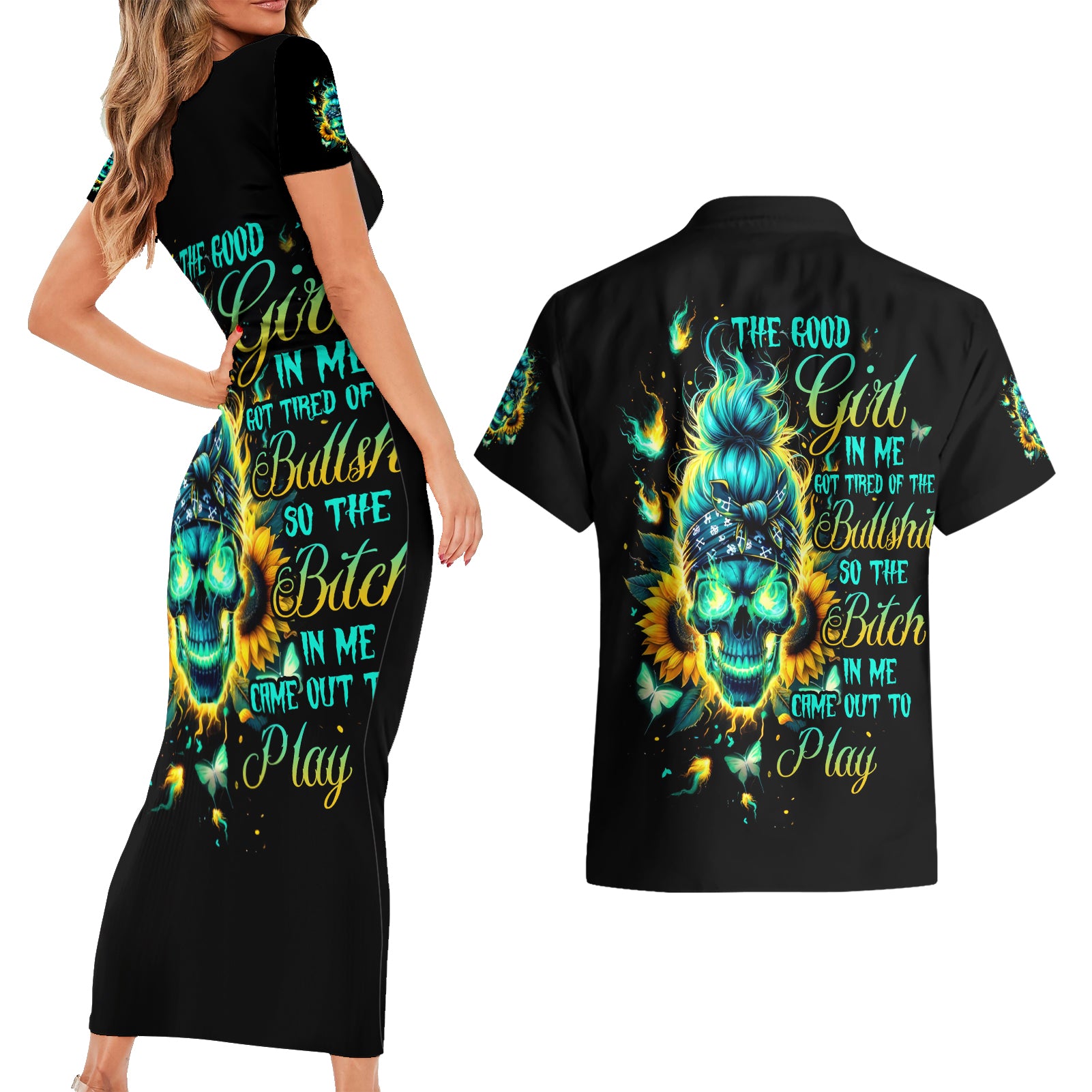 Flame Skull Couples Matching Short Sleeve Bodycon Dress and Hawaiian Shirt The Good Girl In Me Got Tired Of The Bullshit - Wonder Print Shop
