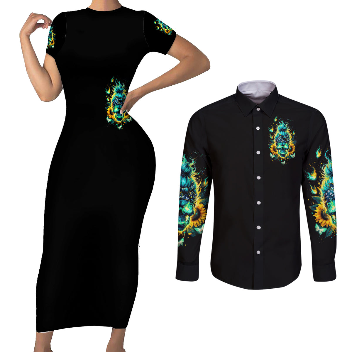 Flame Skull Couples Matching Short Sleeve Bodycon Dress and Long Sleeve Button Shirt The Good Girl In Me Got Tired Of The Bullshit - Wonder Print Shop