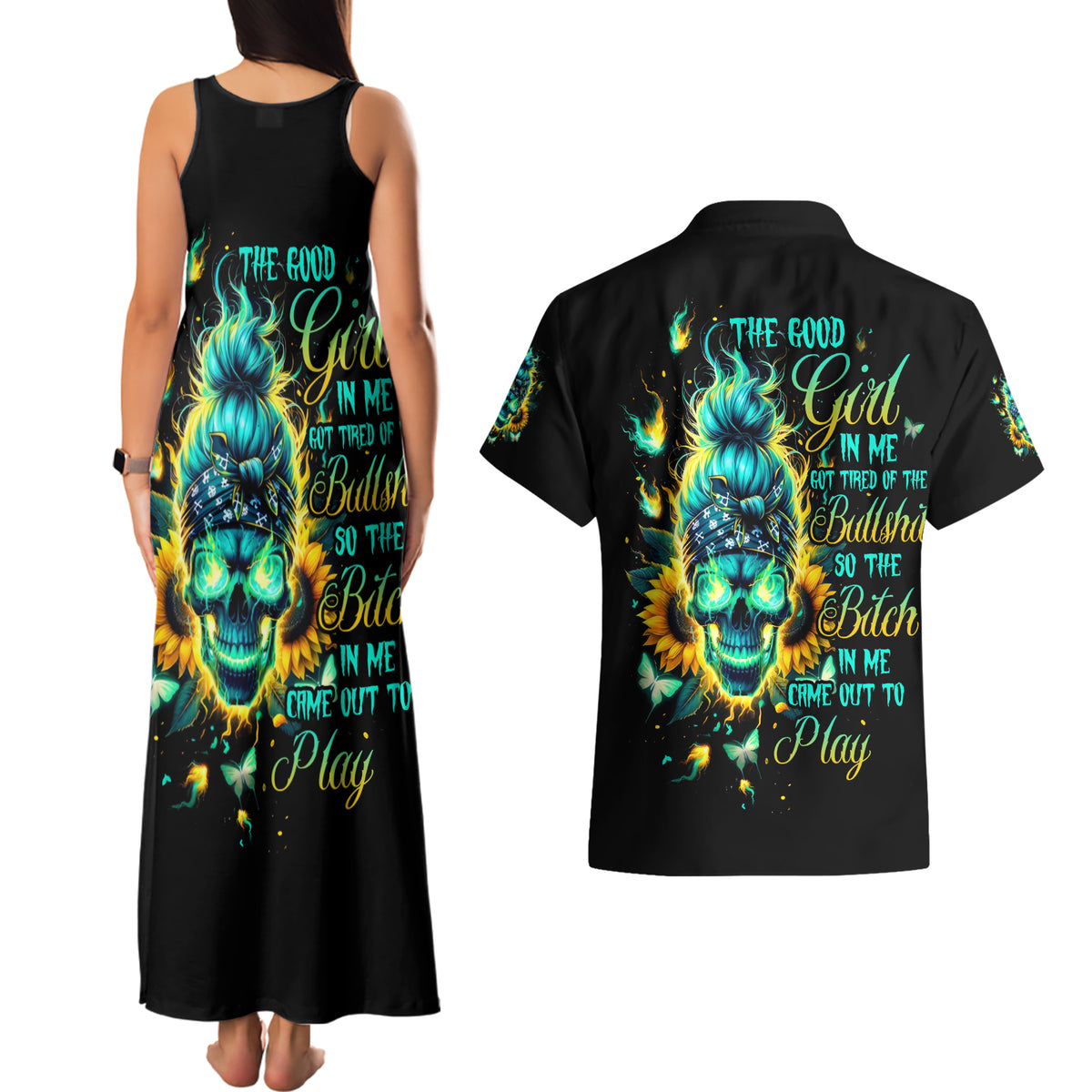 Flame Skull Couples Matching Tank Maxi Dress and Hawaiian Shirt The Good Girl In Me Got Tired Of The Bullshit - Wonder Print Shop