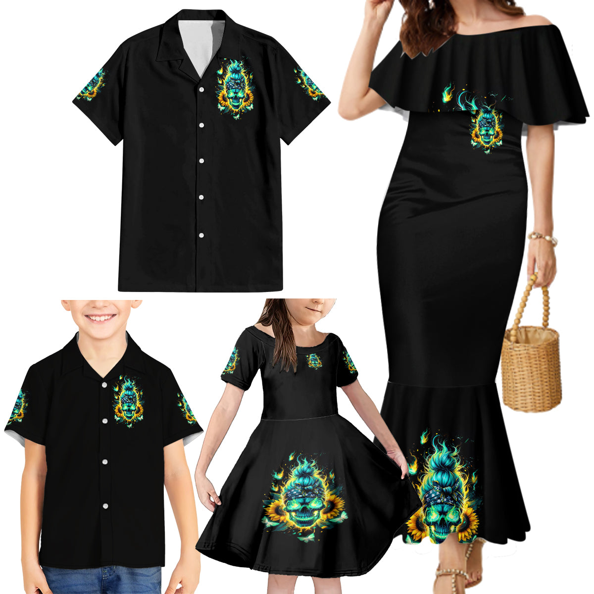 Flame Skull Family Matching Mermaid Dress and Hawaiian Shirt The Good Girl In Me Got Tired Of The Bullshit - Wonder Print Shop