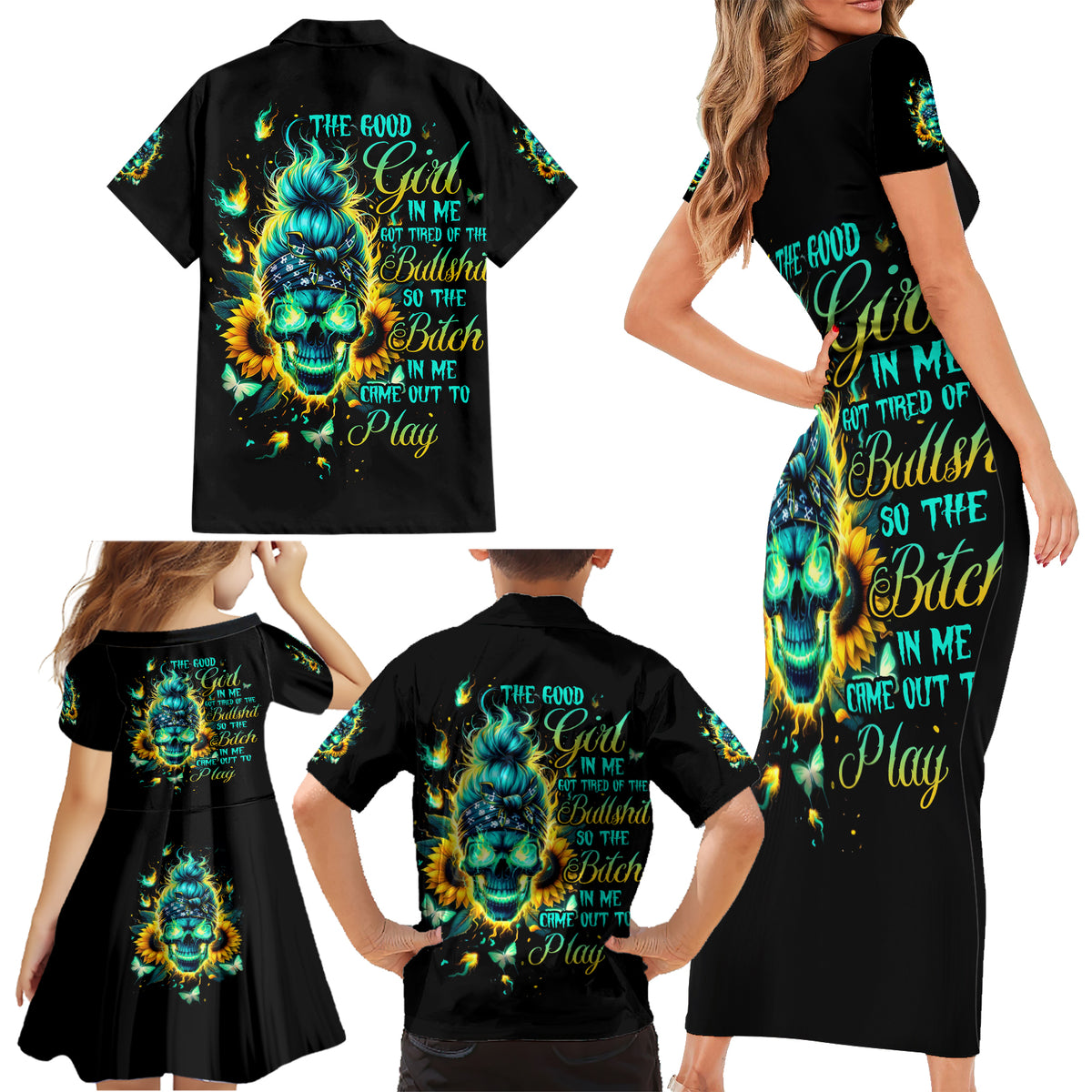 Flame Skull Family Matching Short Sleeve Bodycon Dress and Hawaiian Shirt The Good Girl In Me Got Tired Of The Bullshit - Wonder Print Shop