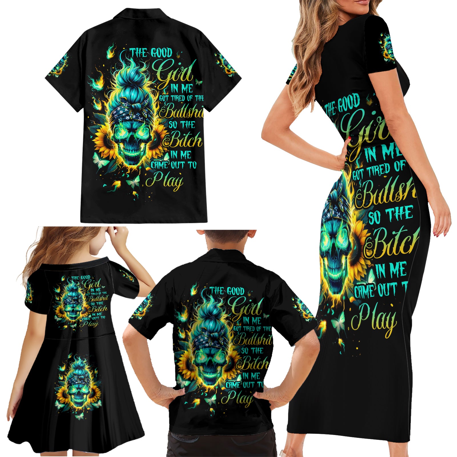 Flame Skull Family Matching Short Sleeve Bodycon Dress and Hawaiian Shirt The Good Girl In Me Got Tired Of The Bullshit - Wonder Print Shop