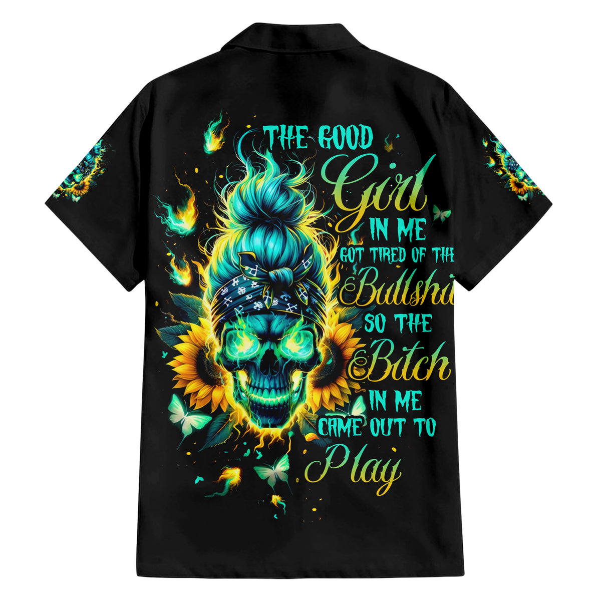 Flame Skull Family Matching Short Sleeve Bodycon Dress and Hawaiian Shirt The Good Girl In Me Got Tired Of The Bullshit - Wonder Print Shop