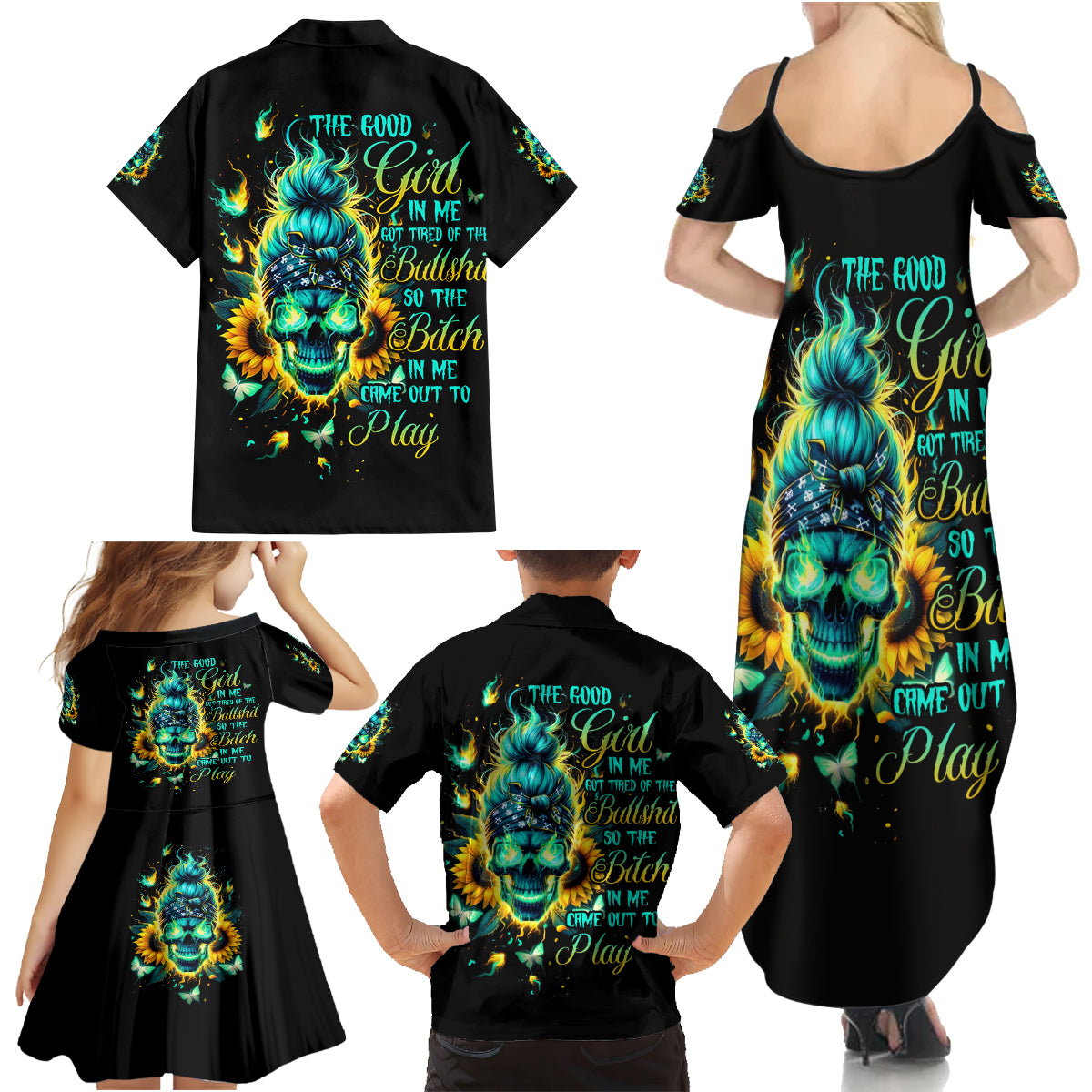 Flame Skull Family Matching Summer Maxi Dress and Hawaiian Shirt The Good Girl In Me Got Tired Of The Bullshit - Wonder Print Shop