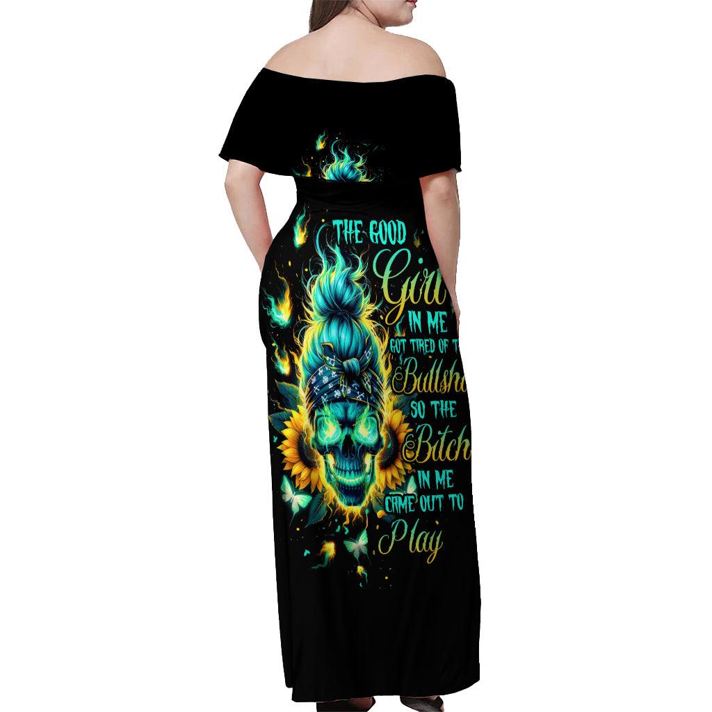 Flame Skull Off Shoulder Maxi Dress The Good Girl In Me Got Tired Of The Bullshit - Wonder Print Shop