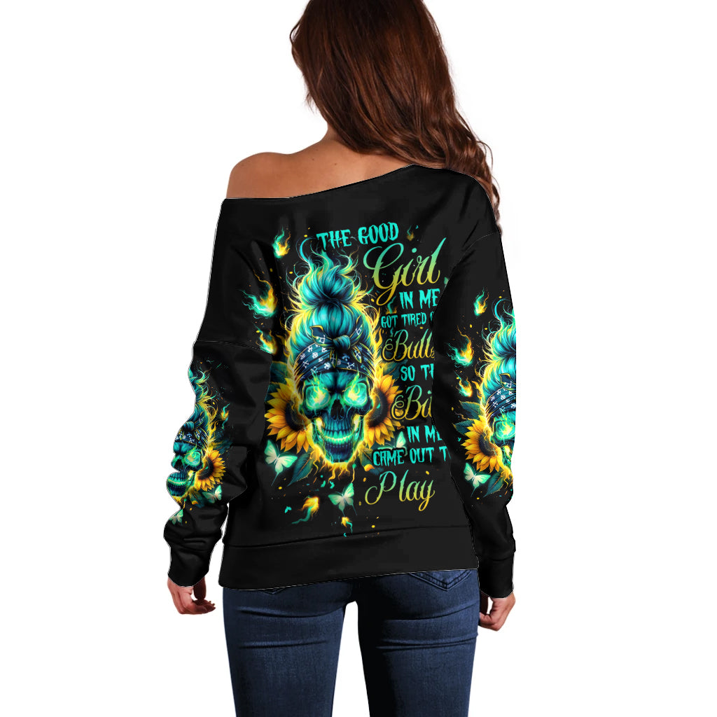 Flame Skull Off Shoulder Sweater The Good Girl In Me Got Tired Of The Bullshit - Wonder Print Shop