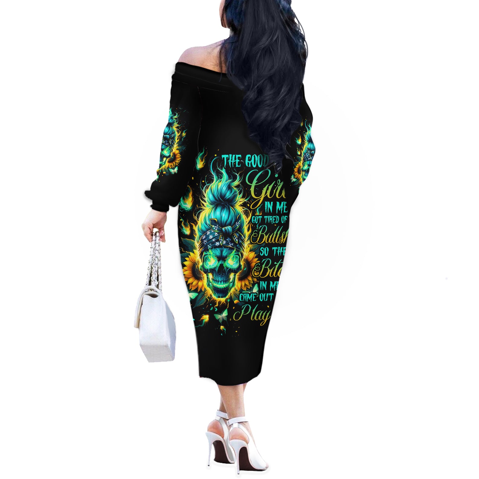 Flame Skull Off The Shoulder Long Sleeve Dress The Good Girl In Me Got Tired Of The Bullshit - Wonder Print Shop