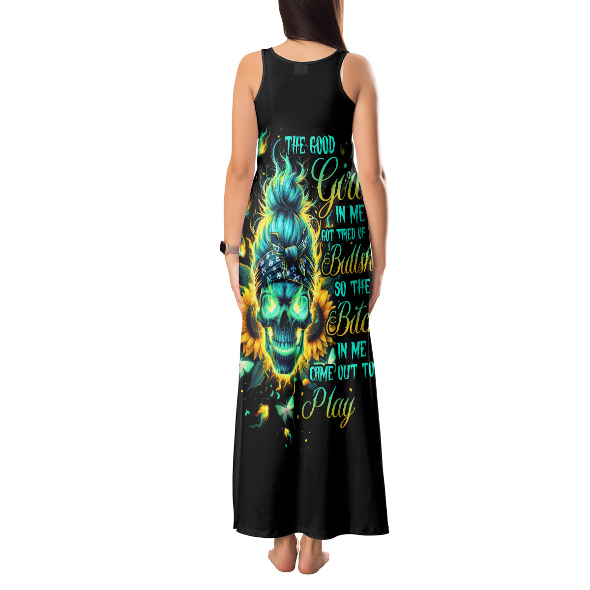 Flame Skull Tank Maxi Dress The Good Girl In Me Got Tired Of The Bullshit - Wonder Print Shop