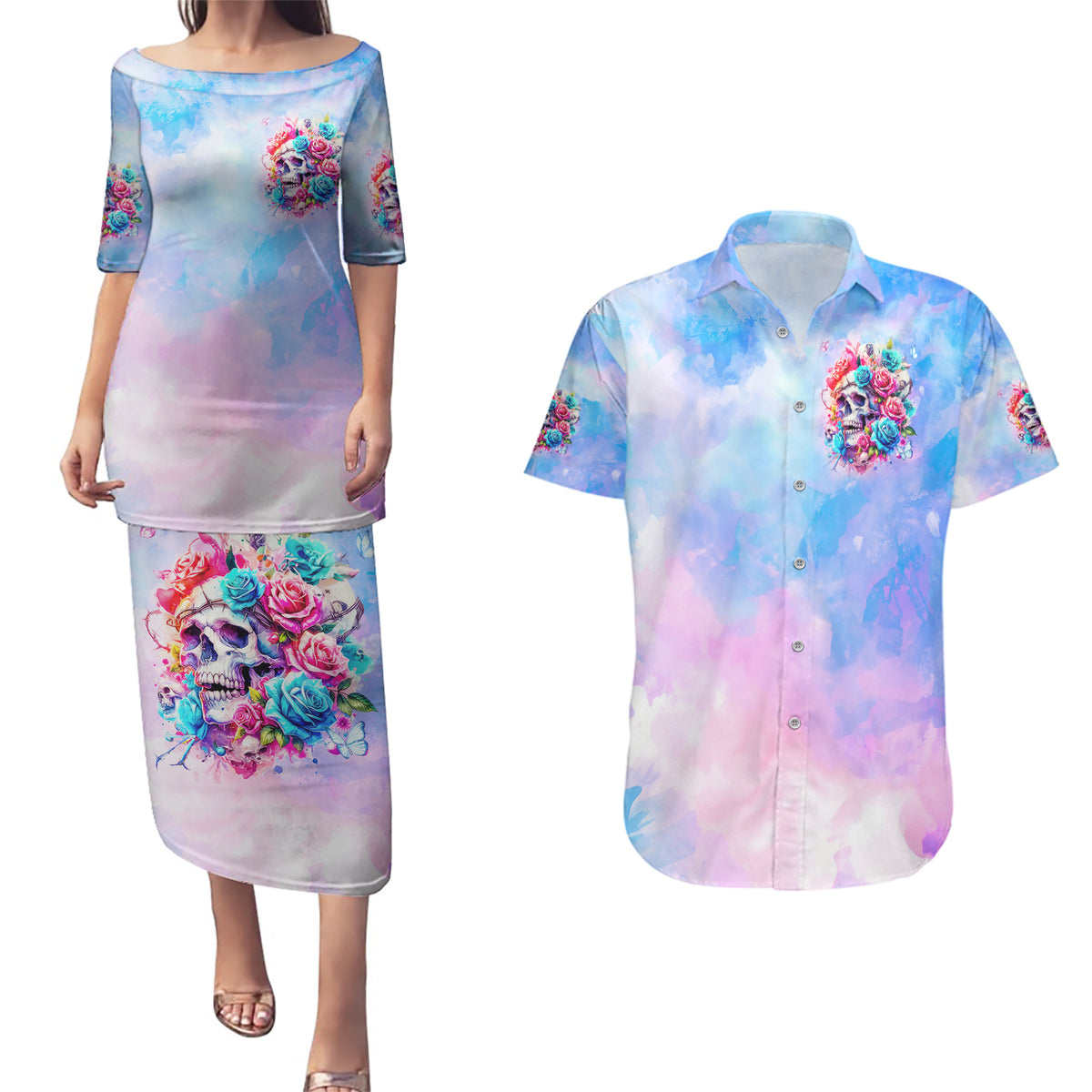 Rose Skull Couples Matching Puletasi and Hawaiian Shirt The Good Girl In Me Got Tired Of The Bullshit - Wonder Print Shop