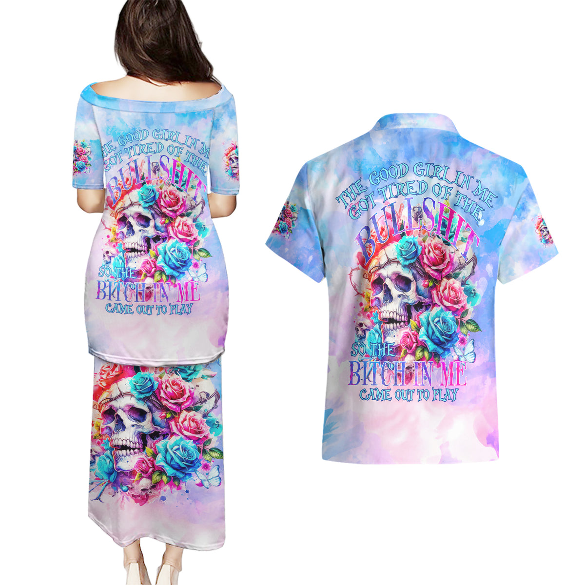 Rose Skull Couples Matching Puletasi and Hawaiian Shirt The Good Girl In Me Got Tired Of The Bullshit - Wonder Print Shop
