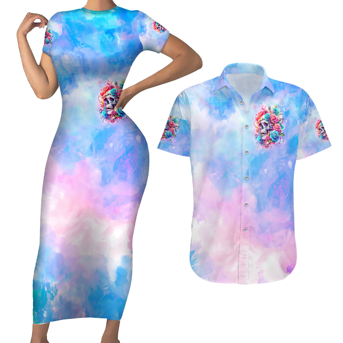 Rose Skull Couples Matching Short Sleeve Bodycon Dress and Hawaiian Shirt The Good Girl In Me Got Tired Of The Bullshit - Wonder Print Shop