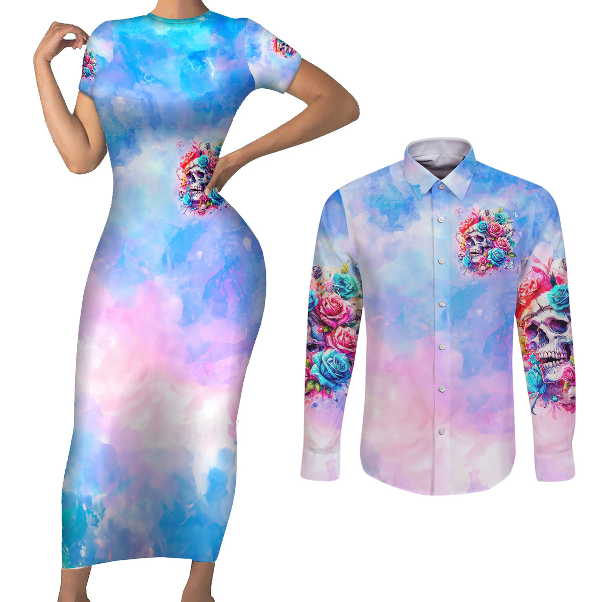 Rose Skull Couples Matching Short Sleeve Bodycon Dress and Long Sleeve Button Shirt The Good Girl In Me Got Tired Of The Bullshit - Wonder Print Shop