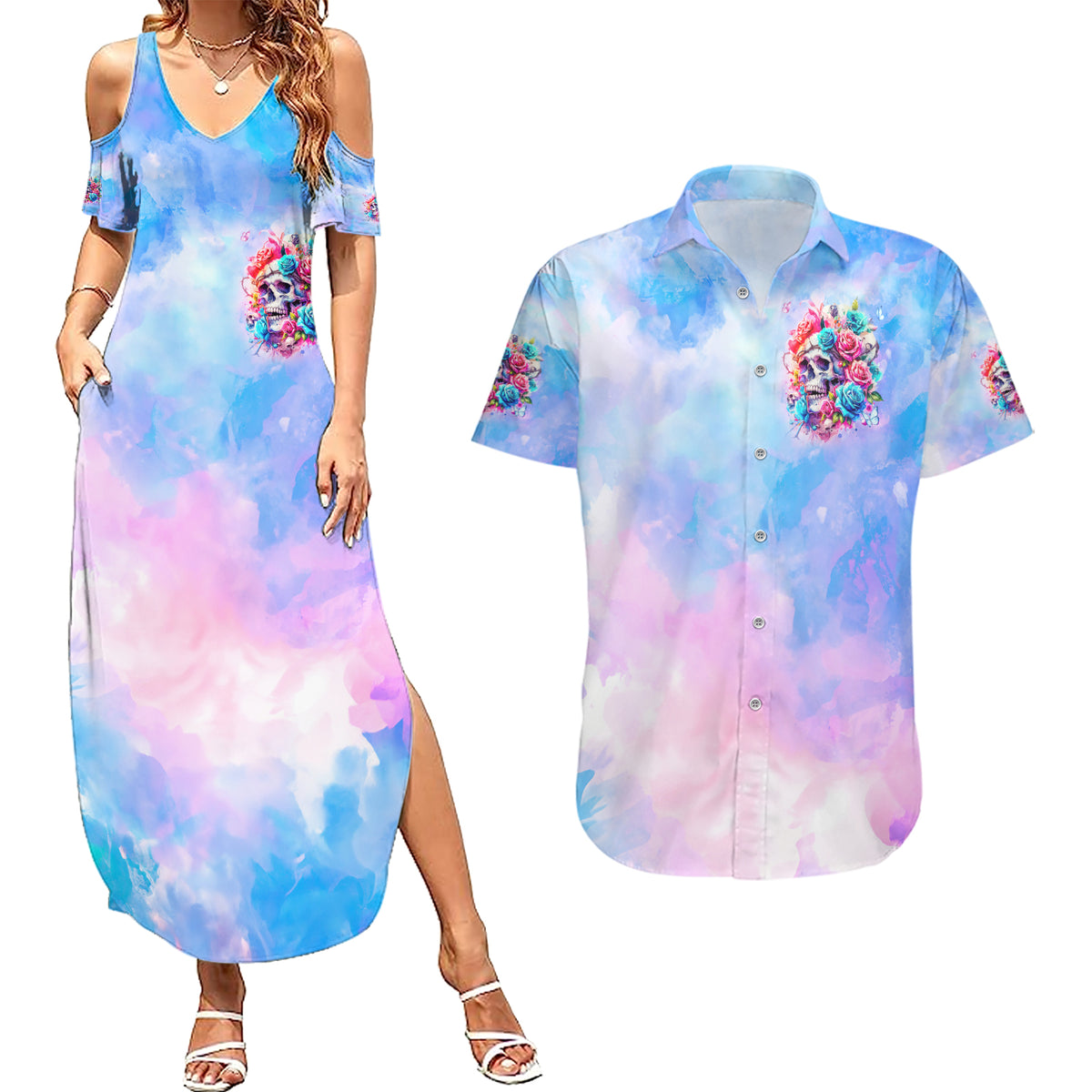Rose Skull Couples Matching Summer Maxi Dress and Hawaiian Shirt The Good Girl In Me Got Tired Of The Bullshit - Wonder Print Shop