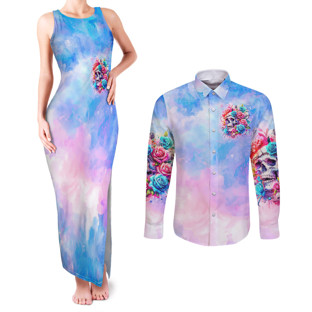 Rose Skull Couples Matching Tank Maxi Dress and Long Sleeve Button Shirt The Good Girl In Me Got Tired Of The Bullshit - Wonder Print Shop
