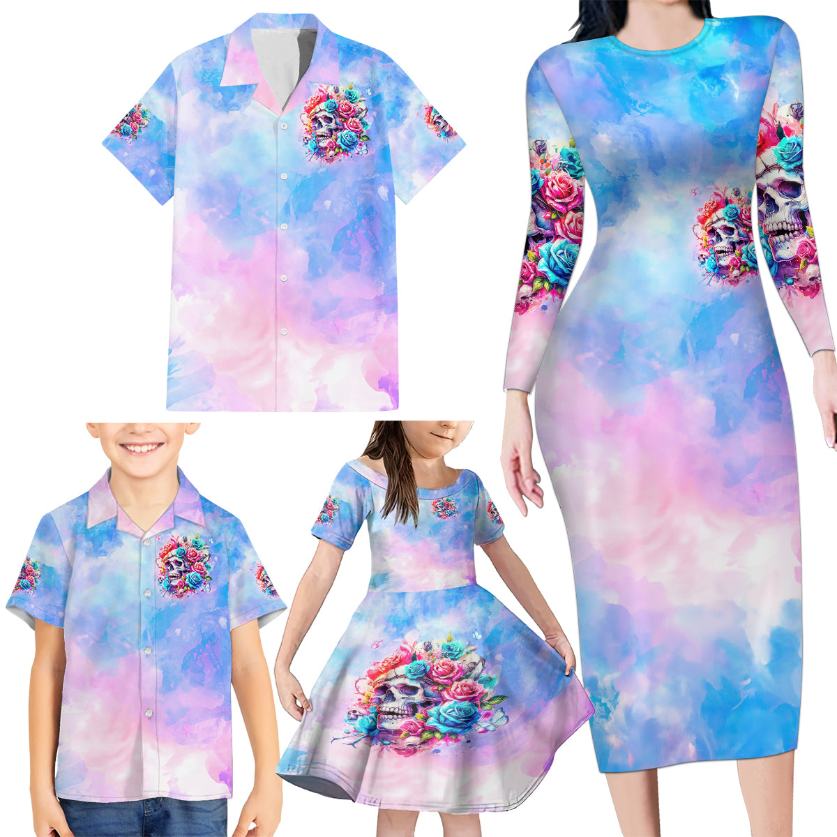 Rose Skull Family Matching Long Sleeve Bodycon Dress and Hawaiian Shirt The Good Girl In Me Got Tired Of The Bullshit - Wonder Print Shop