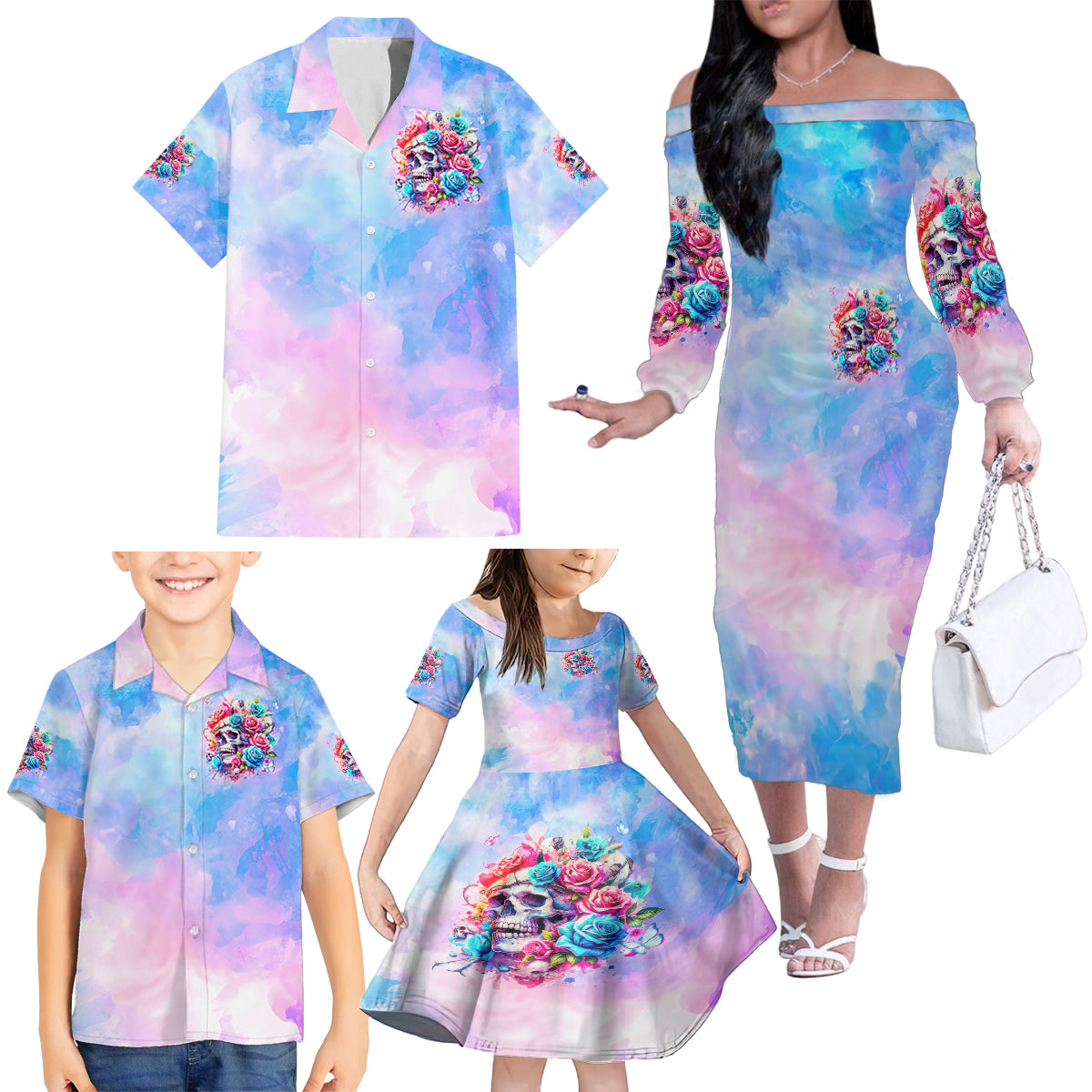 Rose Skull Family Matching Off Shoulder Long Sleeve Dress and Hawaiian Shirt The Good Girl In Me Got Tired Of The Bullshit - Wonder Print Shop