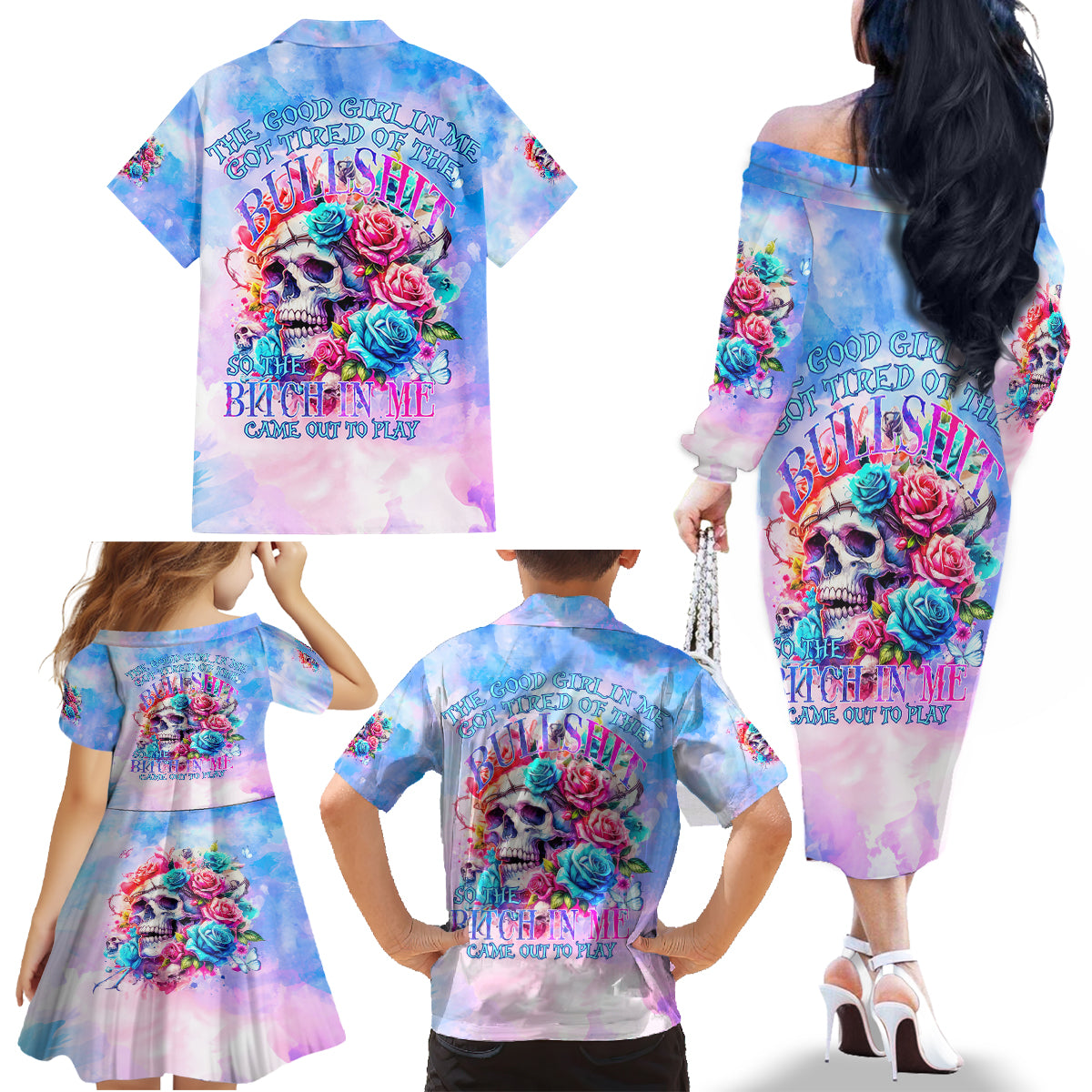 Rose Skull Family Matching Off Shoulder Long Sleeve Dress and Hawaiian Shirt The Good Girl In Me Got Tired Of The Bullshit - Wonder Print Shop