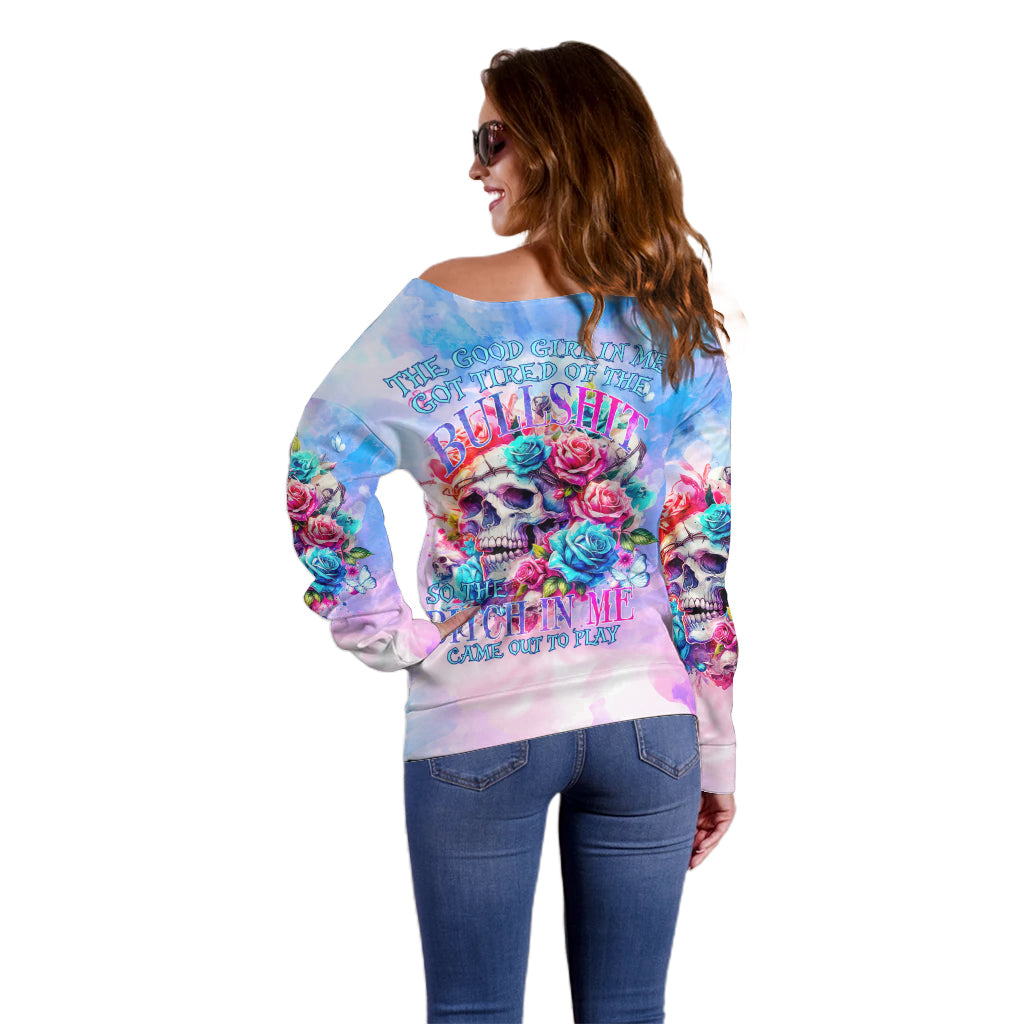 Rose Skull Off Shoulder Sweater The Good Girl In Me Got Tired Of The Bullshit - Wonder Print Shop