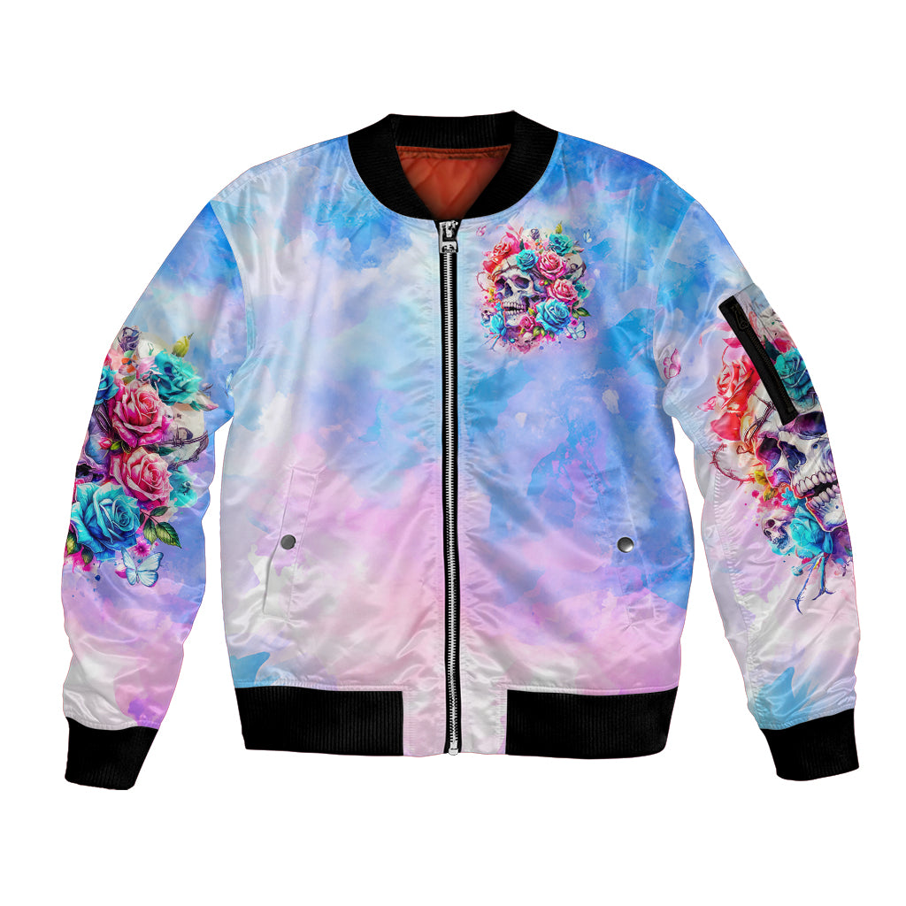 Rose Skull Sleeve Zip Bomber Jacket The Good Girl In Me Got Tired Of The Bullshit - Wonder Print Shop