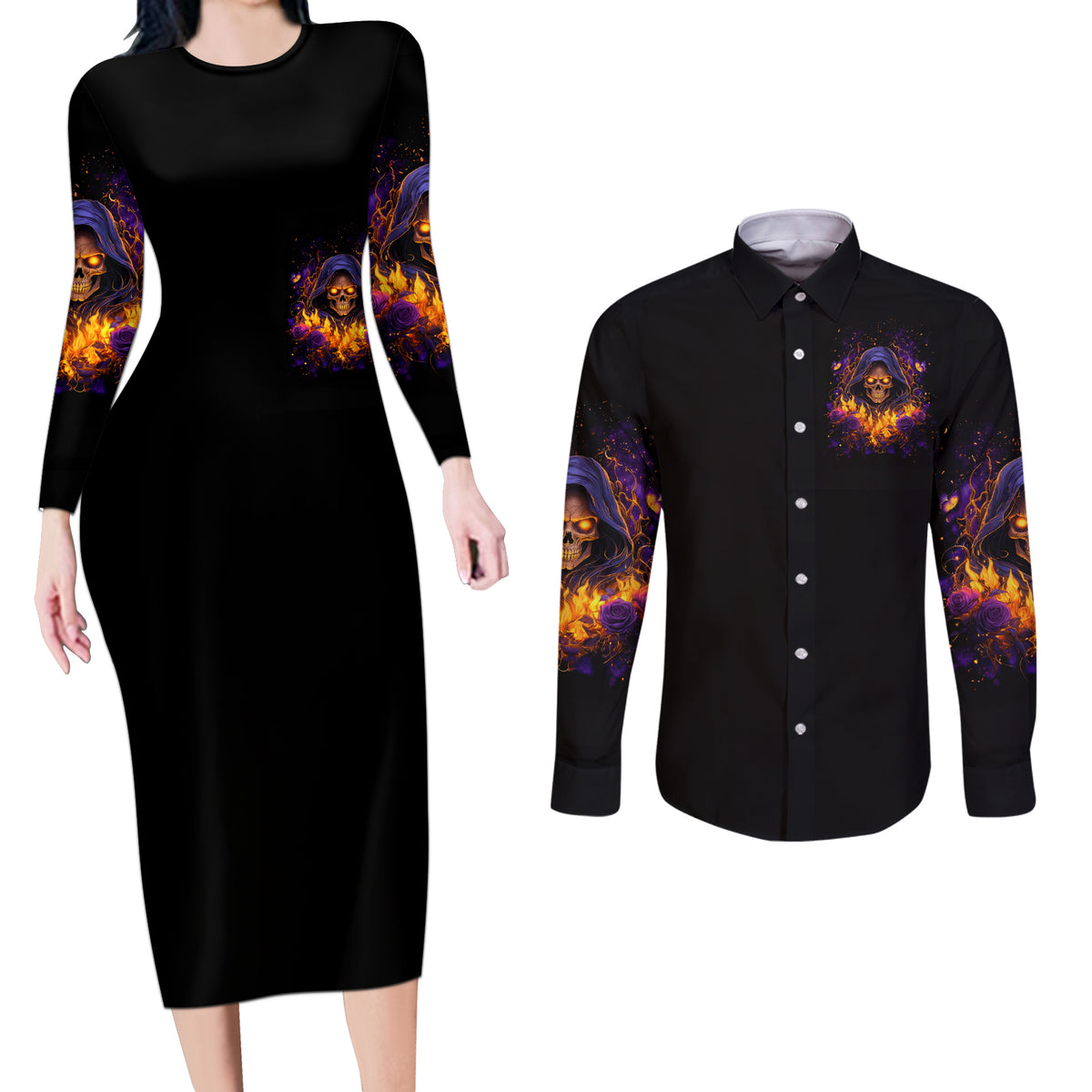Flame Skull Couples Matching Long Sleeve Bodycon Dress and Long Sleeve Button Shirt I Talk I Smite But Be Careful When I Silent - Wonder Print Shop