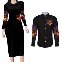 Flame Skull Couples Matching Long Sleeve Bodycon Dress and Long Sleeve Button Shirt I Talk I Smite But Be Careful When I Silent - Wonder Print Shop