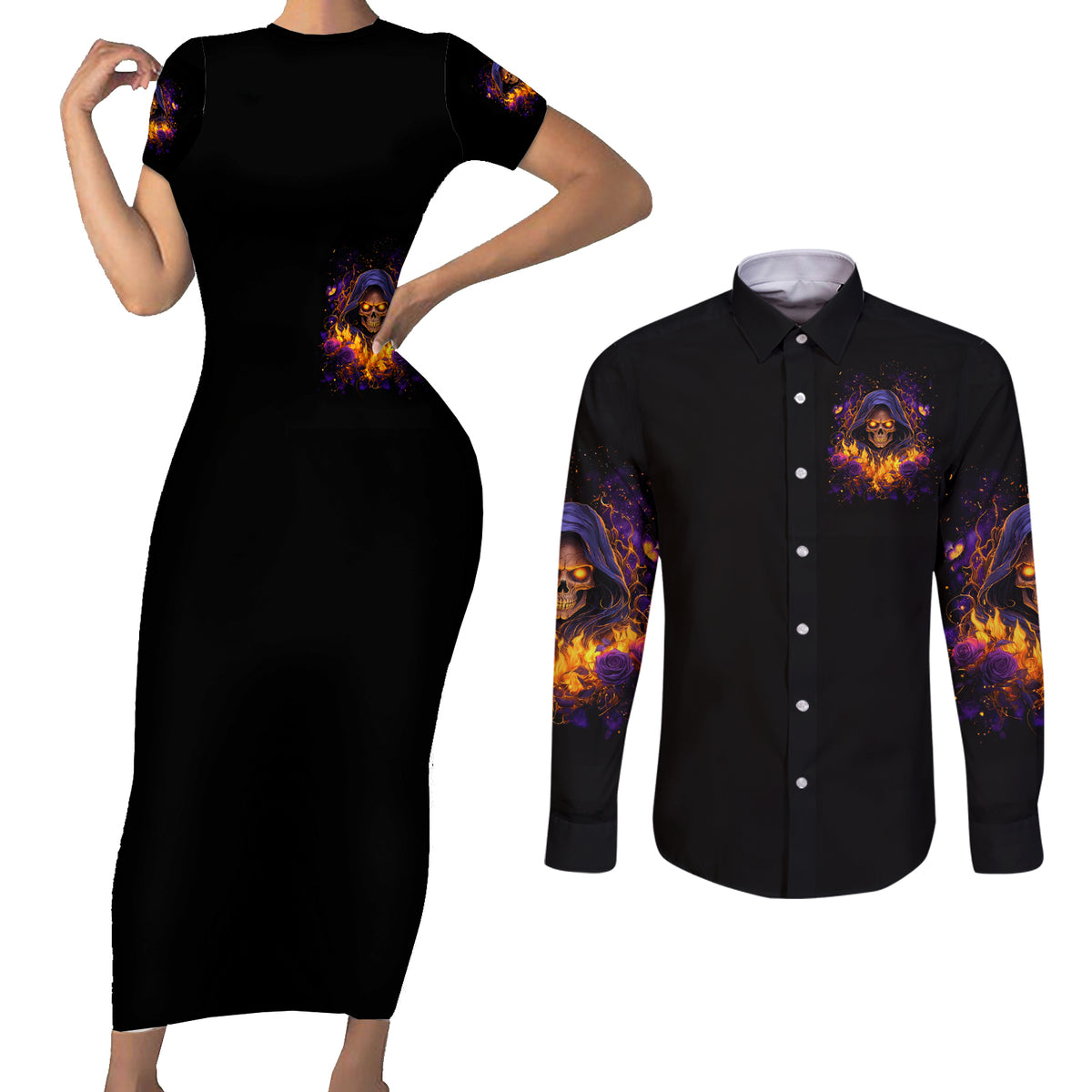 Flame Skull Couples Matching Short Sleeve Bodycon Dress and Long Sleeve Button Shirt I Talk I Smite But Be Careful When I Silent - Wonder Print Shop