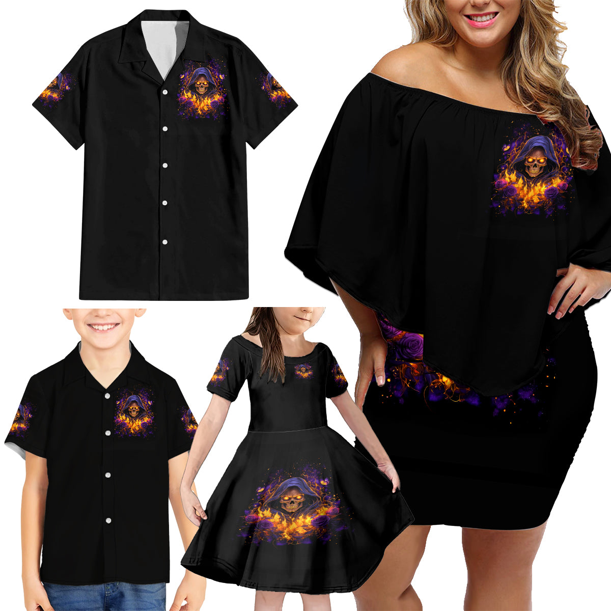 Flame Skull Family Matching Off Shoulder Short Dress and Hawaiian Shirt I Talk I Smite But Be Careful When I Silent - Wonder Print Shop