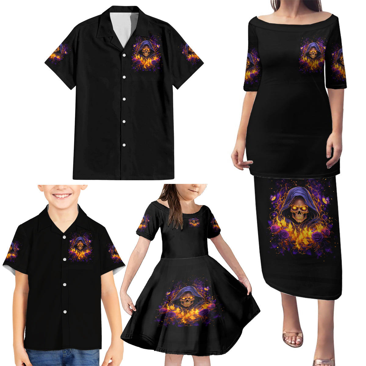 Flame Skull Family Matching Puletasi and Hawaiian Shirt I Talk I Smite But Be Careful When I Silent - Wonder Print Shop