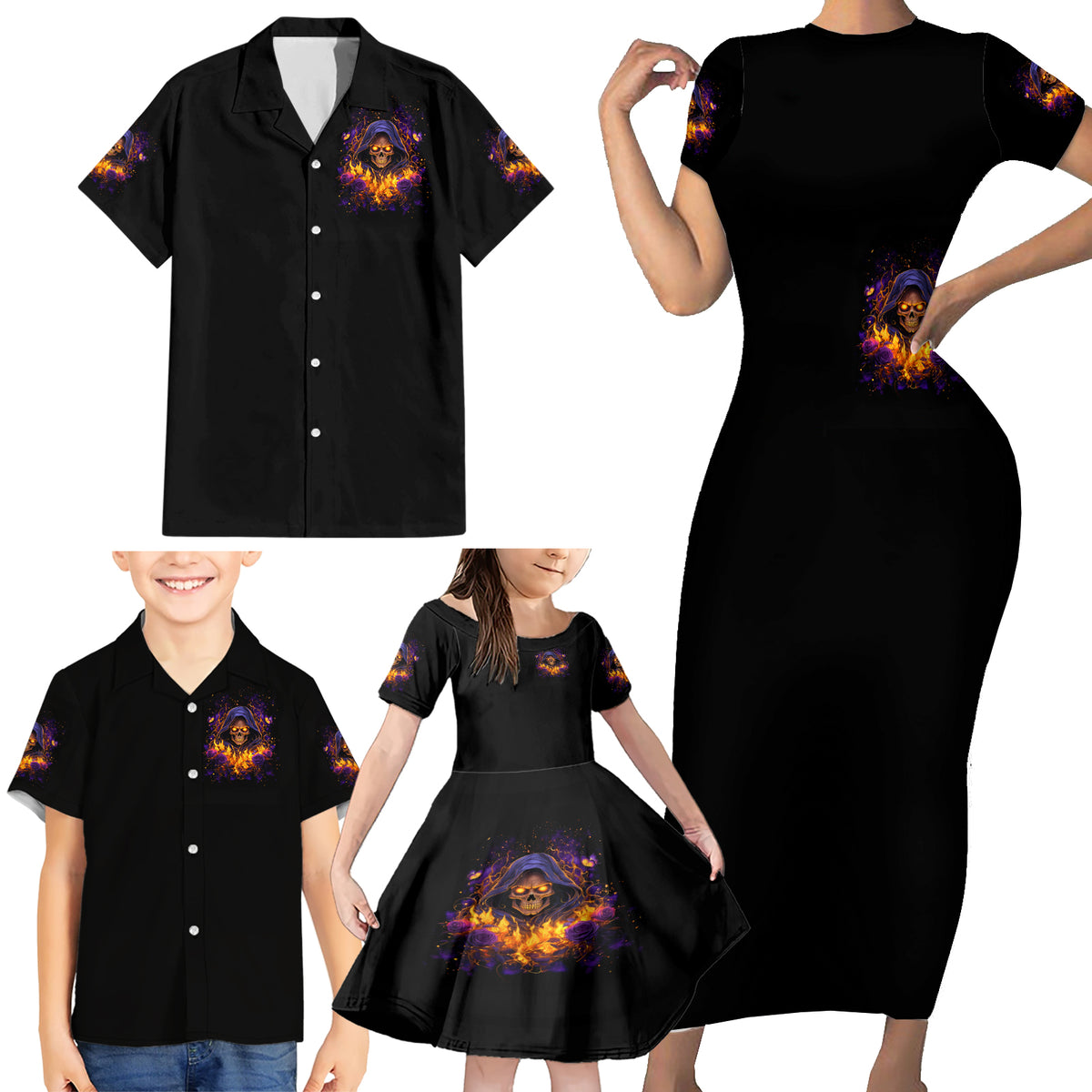 Flame Skull Family Matching Short Sleeve Bodycon Dress and Hawaiian Shirt I Talk I Smite But Be Careful When I Silent - Wonder Print Shop