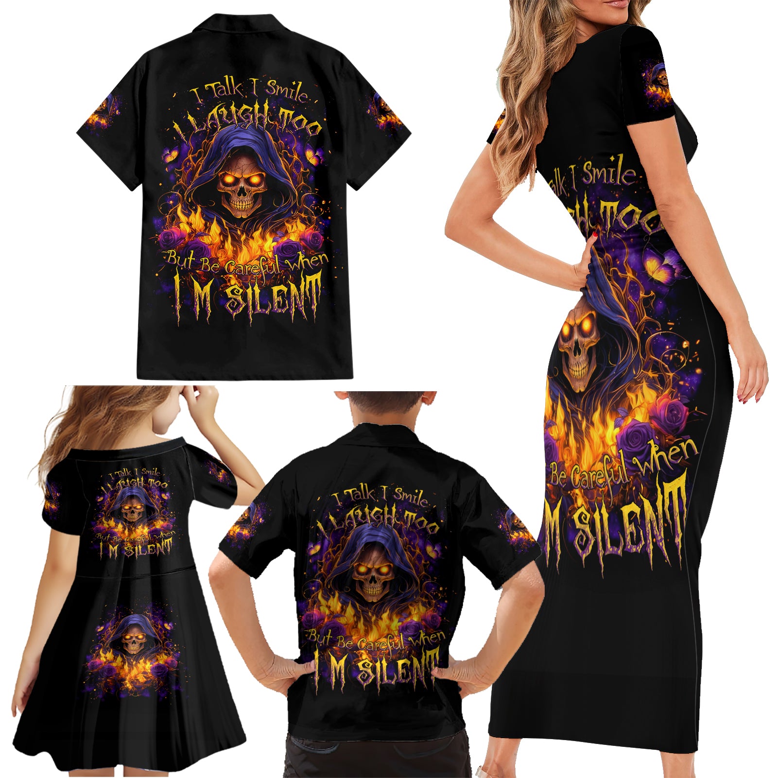 Flame Skull Family Matching Short Sleeve Bodycon Dress and Hawaiian Shirt I Talk I Smite But Be Careful When I Silent - Wonder Print Shop