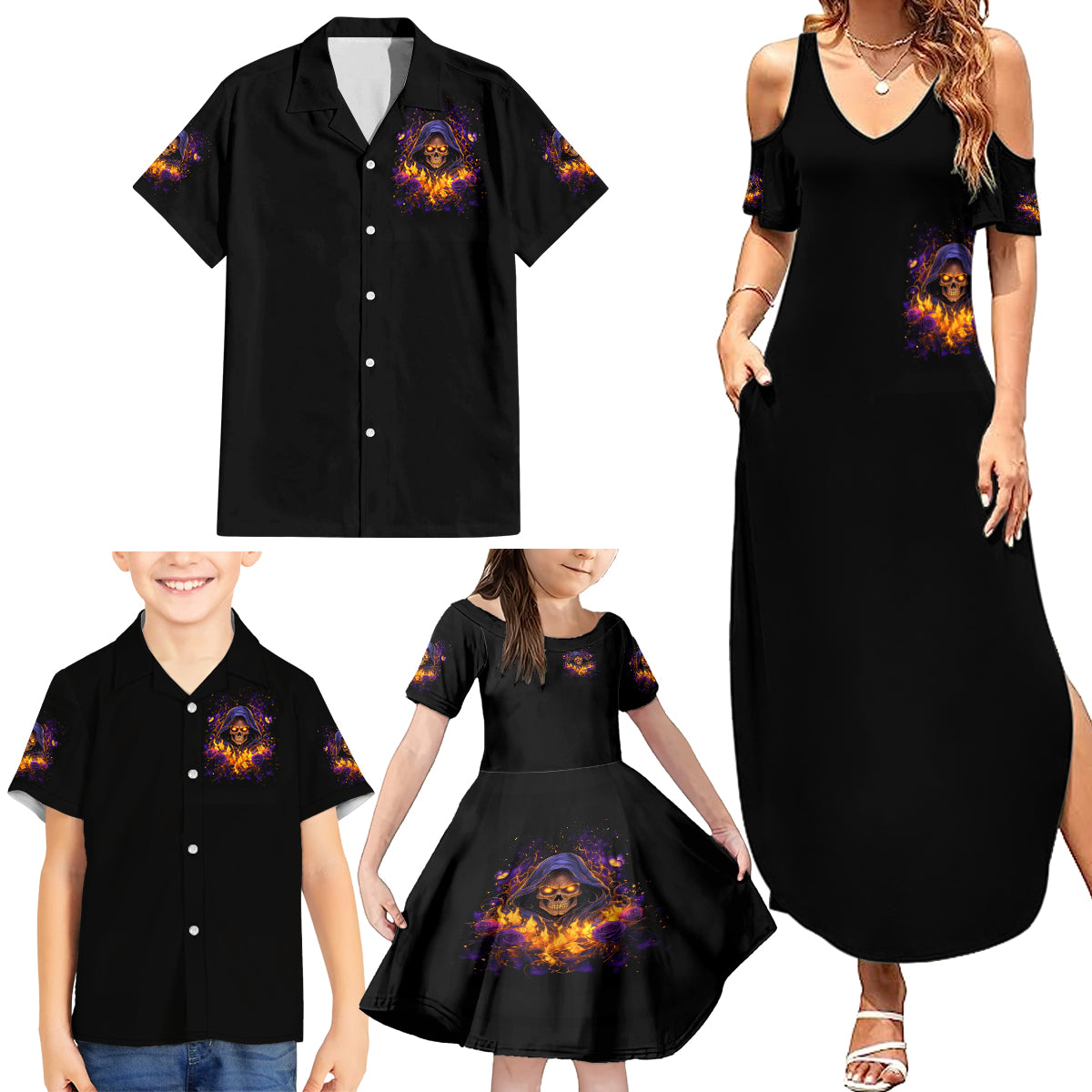 Flame Skull Family Matching Summer Maxi Dress and Hawaiian Shirt I Talk I Smite But Be Careful When I Silent - Wonder Print Shop
