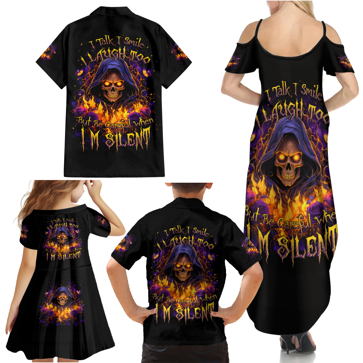 Flame Skull Family Matching Summer Maxi Dress and Hawaiian Shirt I Talk I Smite But Be Careful When I Silent - Wonder Print Shop