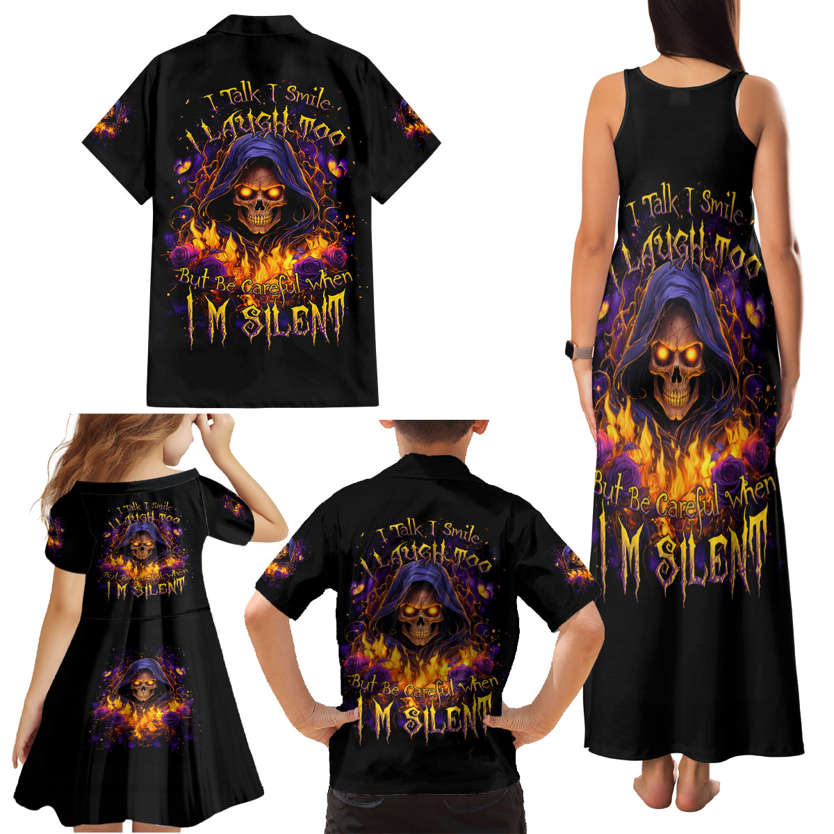 Flame Skull Family Matching Tank Maxi Dress and Hawaiian Shirt I Talk I Smite But Be Careful When I Silent - Wonder Print Shop
