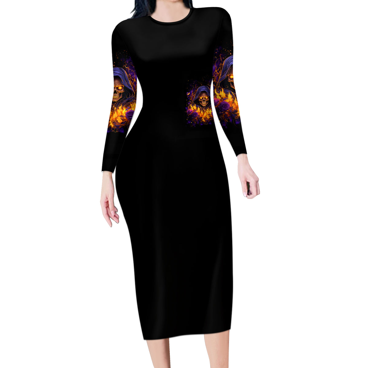 Flame Skull Long Sleeve Bodycon Dress I Talk I Smite But Be Careful When I Silent - Wonder Print Shop