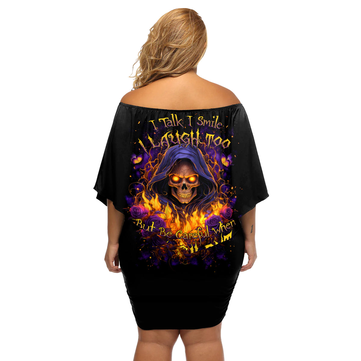 Flame Skull Off Shoulder Short Dress I Talk I Smite But Be Careful When I Silent - Wonder Print Shop