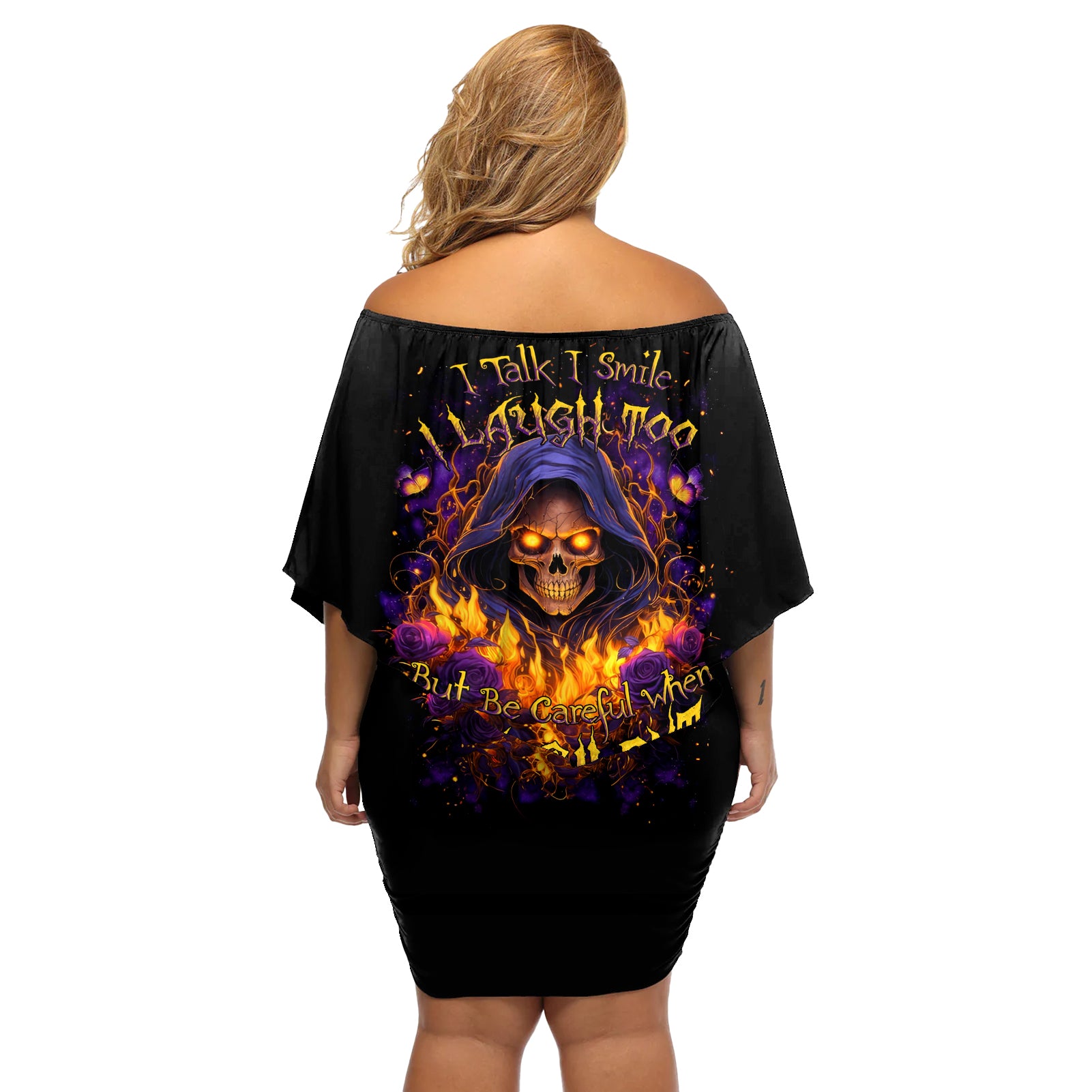 Flame Skull Off Shoulder Short Dress I Talk I Smite But Be Careful When I Silent - Wonder Print Shop
