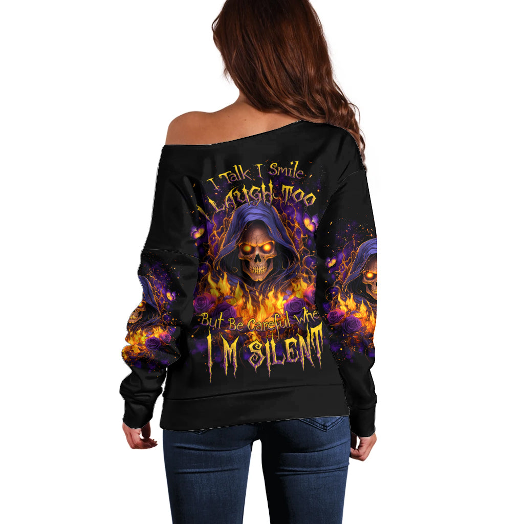 Flame Skull Off Shoulder Sweater I Talk I Smite But Be Careful When I Silent - Wonder Print Shop
