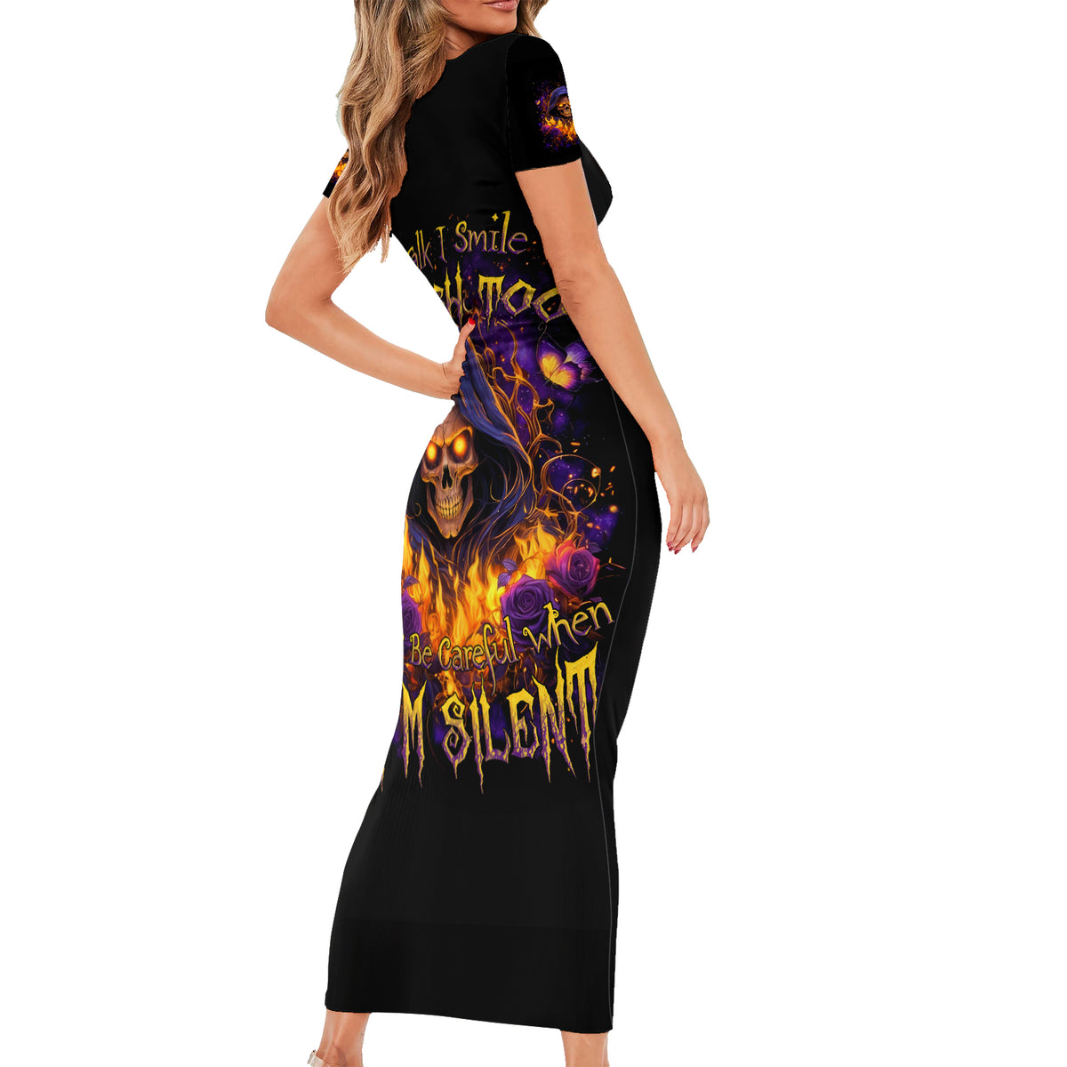 Flame Skull Short Sleeve Bodycon Dress I Talk I Smite But Be Careful When I Silent - Wonder Print Shop