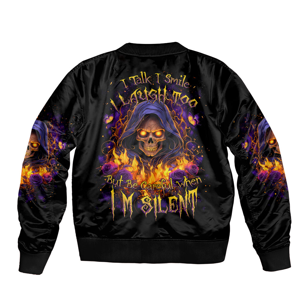 Flame Skull Sleeve Zip Bomber Jacket I Talk I Smite But Be Careful When I Silent - Wonder Print Shop
