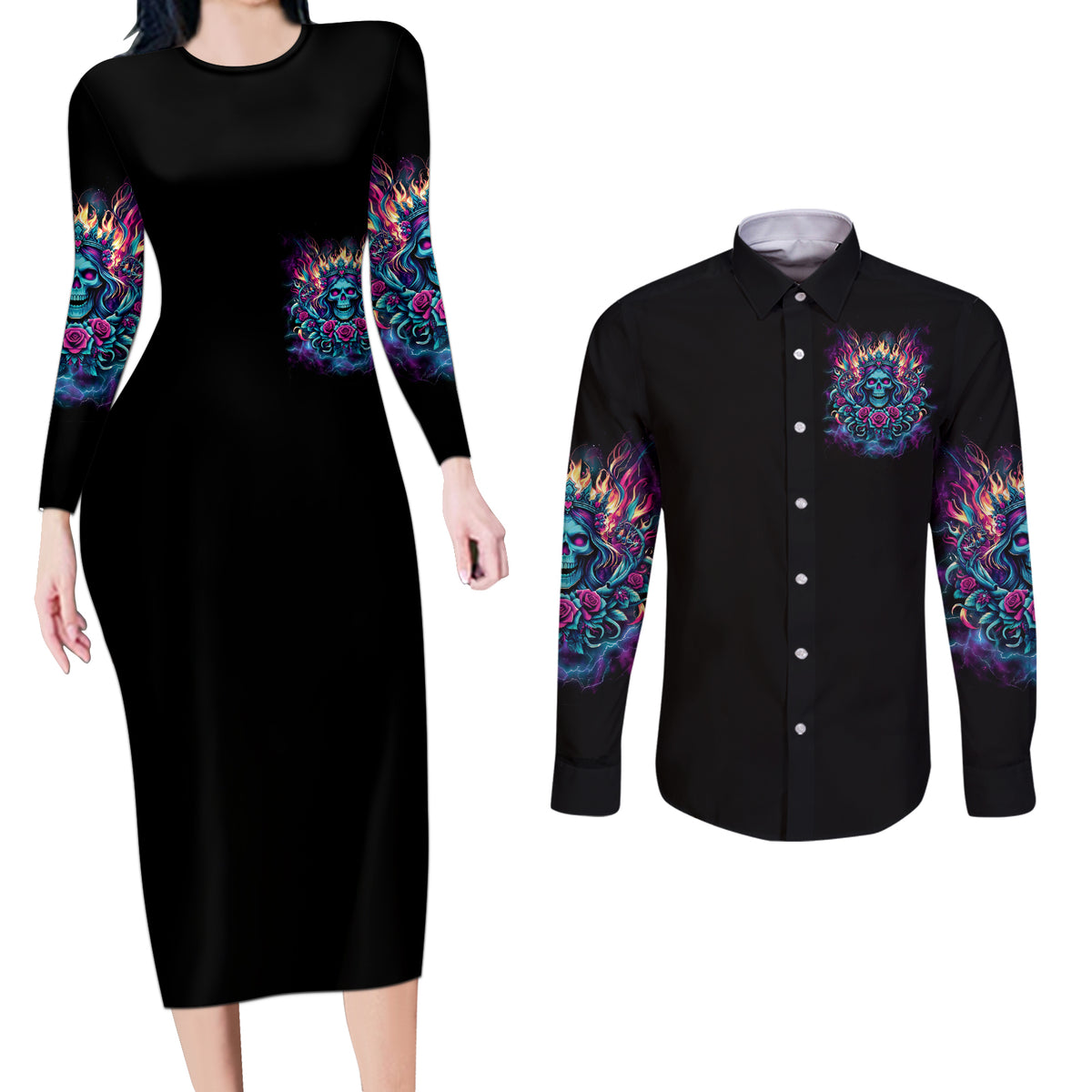 Queen Skull Couples Matching Long Sleeve Bodycon Dress and Long Sleeve Button Shirt Bitch I'm Not A Princess I'm The Fucking Queen - Wonder Print Shop