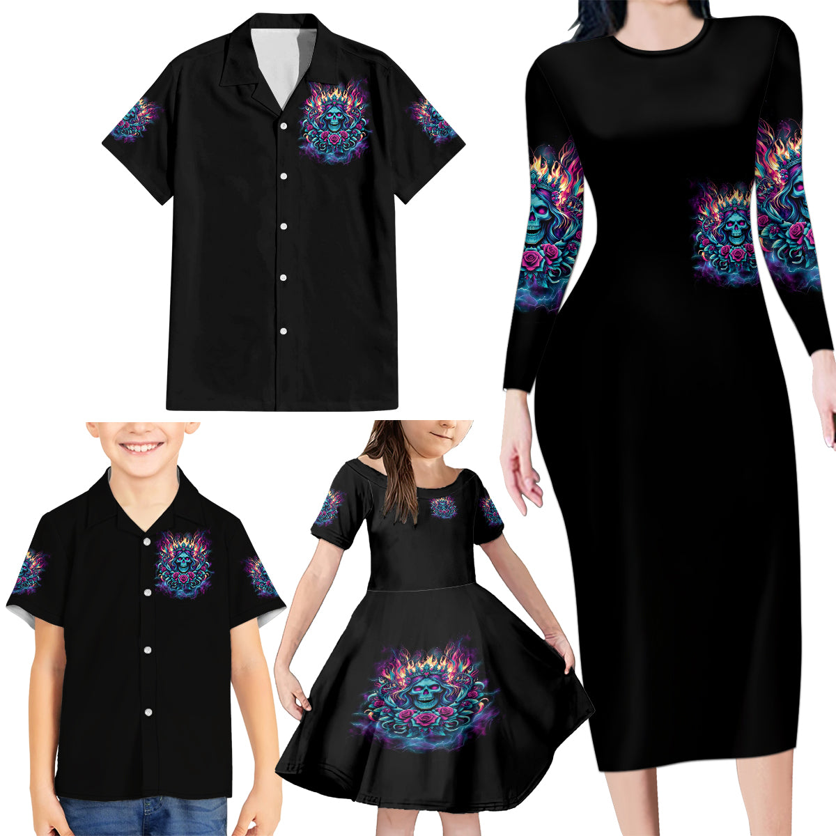 Queen Skull Family Matching Long Sleeve Bodycon Dress and Hawaiian Shirt Bitch I'm Not A Princess I'm The Fucking Queen - Wonder Print Shop