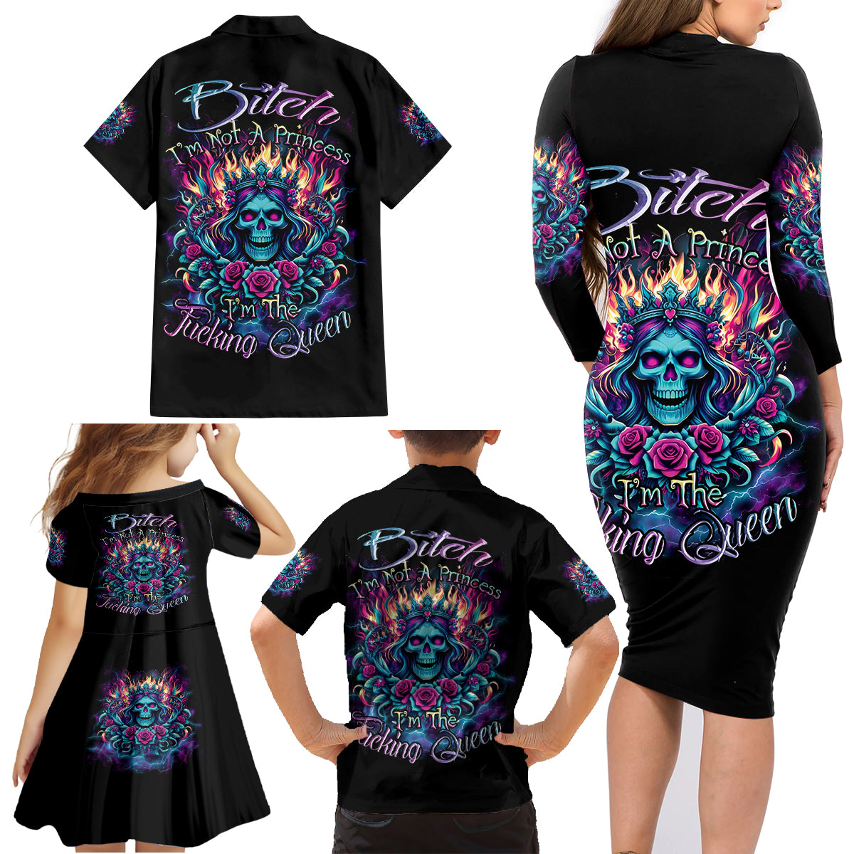 Queen Skull Family Matching Long Sleeve Bodycon Dress and Hawaiian Shirt Bitch I'm Not A Princess I'm The Fucking Queen - Wonder Print Shop