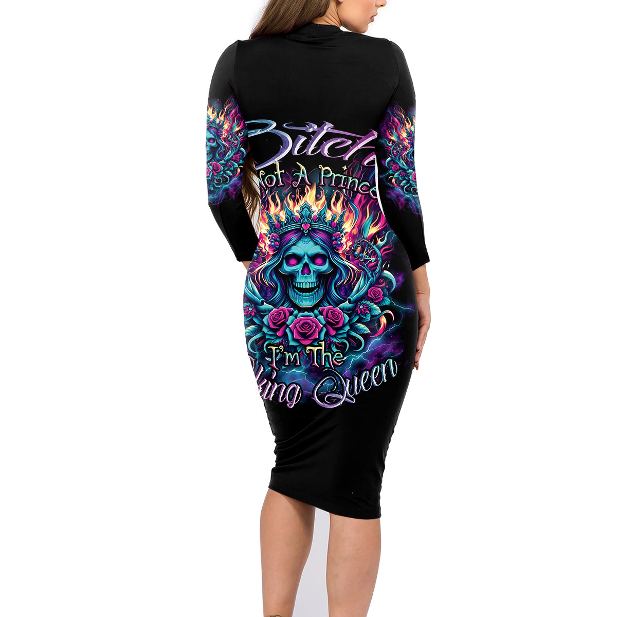 Queen Skull Family Matching Long Sleeve Bodycon Dress and Hawaiian Shirt Bitch I'm Not A Princess I'm The Fucking Queen - Wonder Print Shop