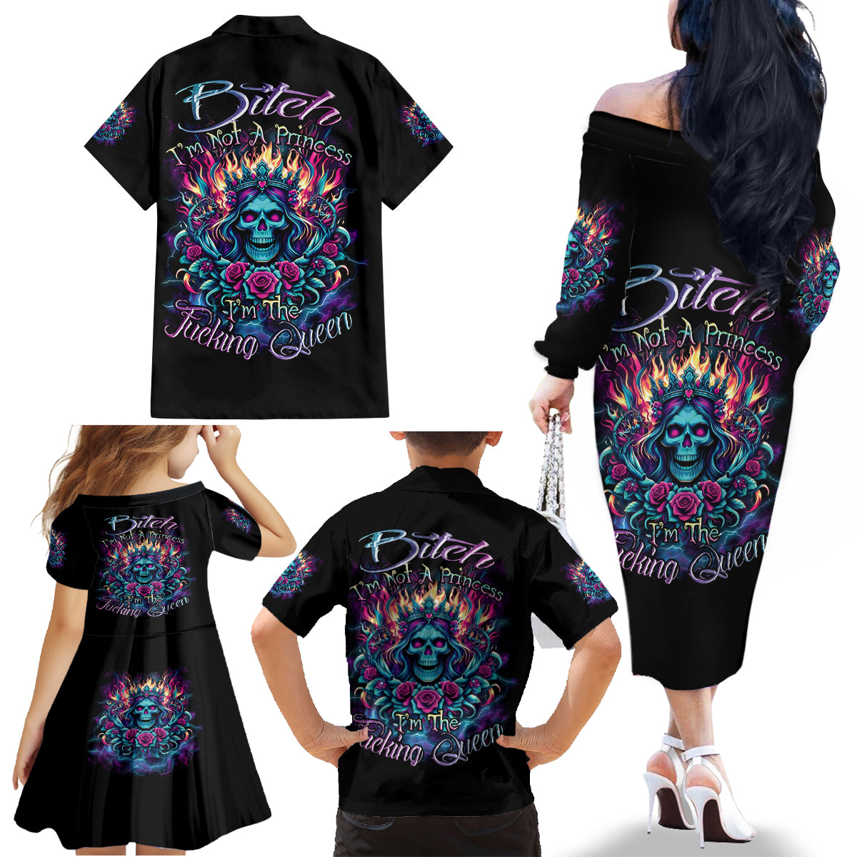 Queen Skull Family Matching Off Shoulder Long Sleeve Dress and Hawaiian Shirt Bitch I'm Not A Princess I'm The Fucking Queen - Wonder Print Shop