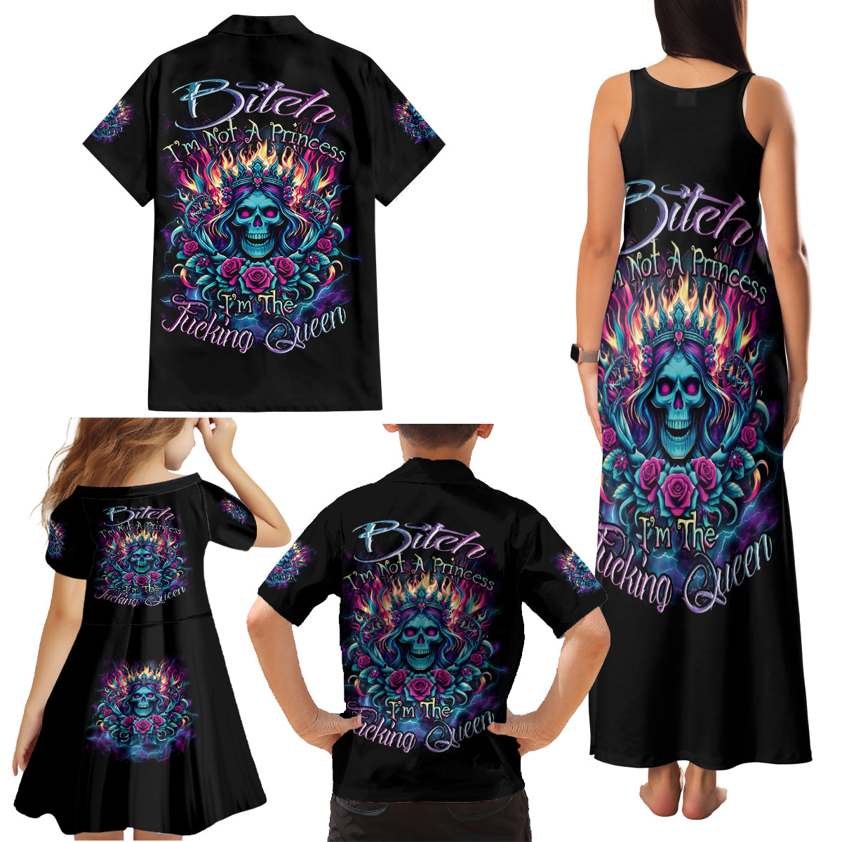 Queen Skull Family Matching Tank Maxi Dress and Hawaiian Shirt Bitch I'm Not A Princess I'm The Fucking Queen - Wonder Print Shop