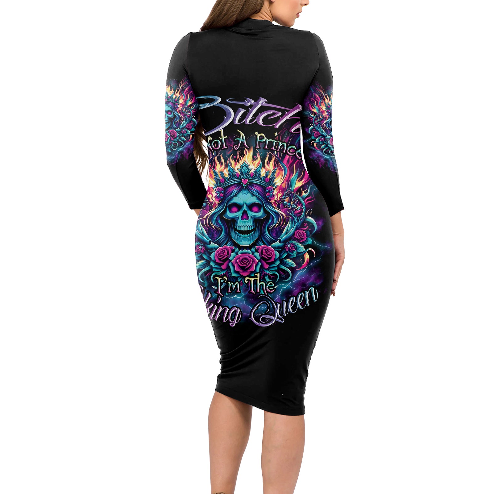Queen Skull Long Sleeve Bodycon Dress Bitch I'm Not A Princess I'm The Fucking Queen - Wonder Print Shop